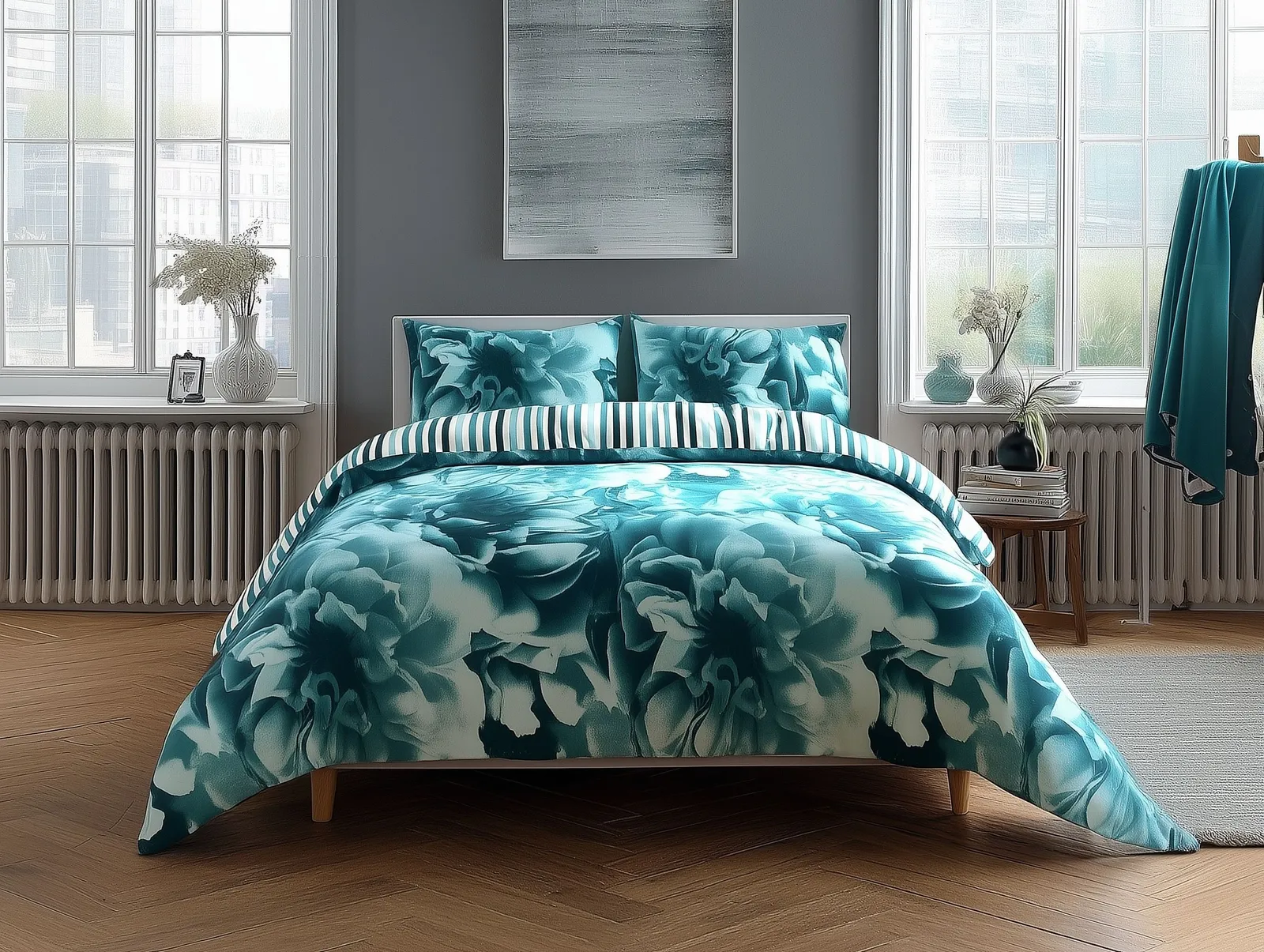 Snug City Duvet Cover & Pillowcase Set Reversible Rose & Stripe Design Polycotton Bed Linen in Teal