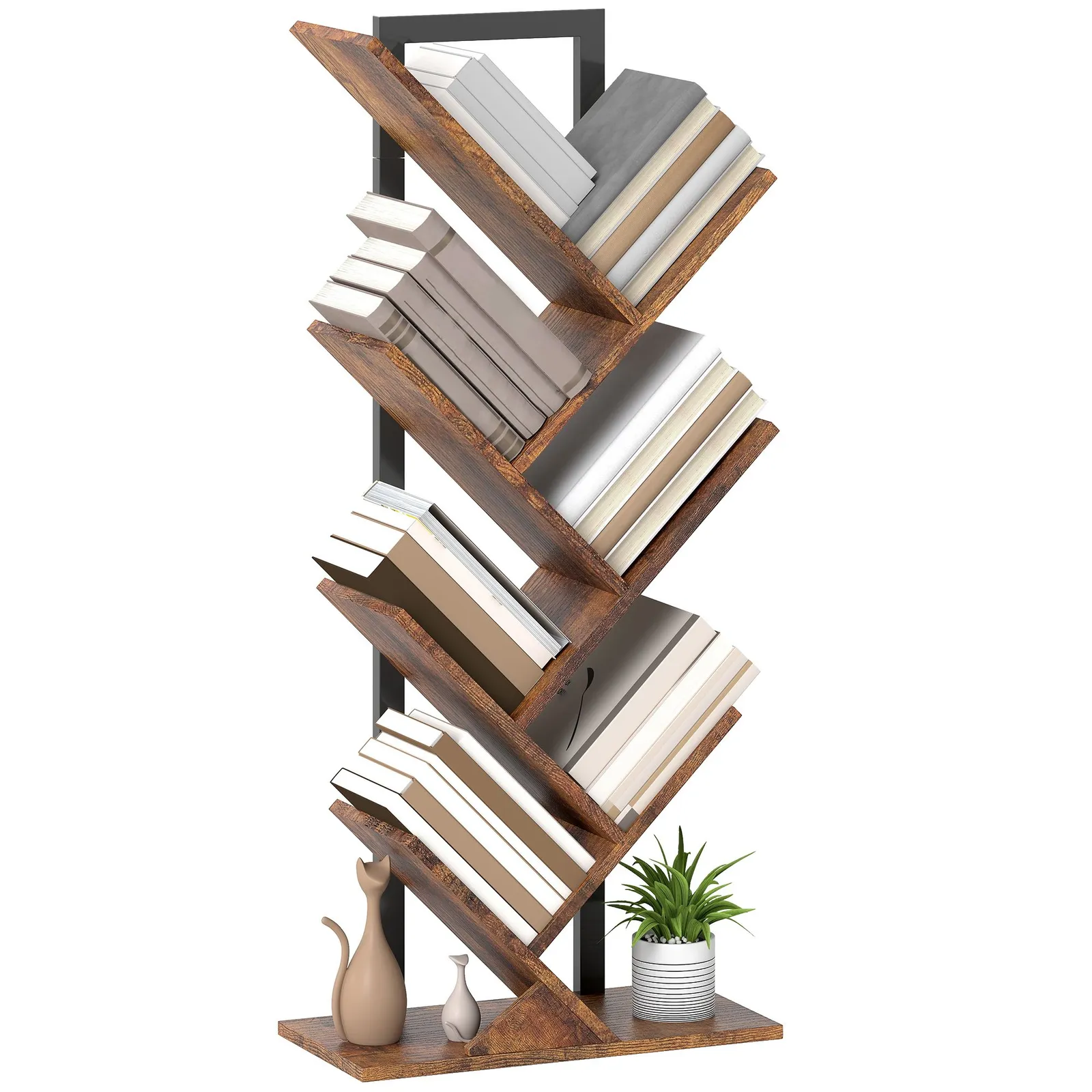 HOMCOM Tree Bookshelf with Steel Frame for Living Room, Rustic Brown 2
