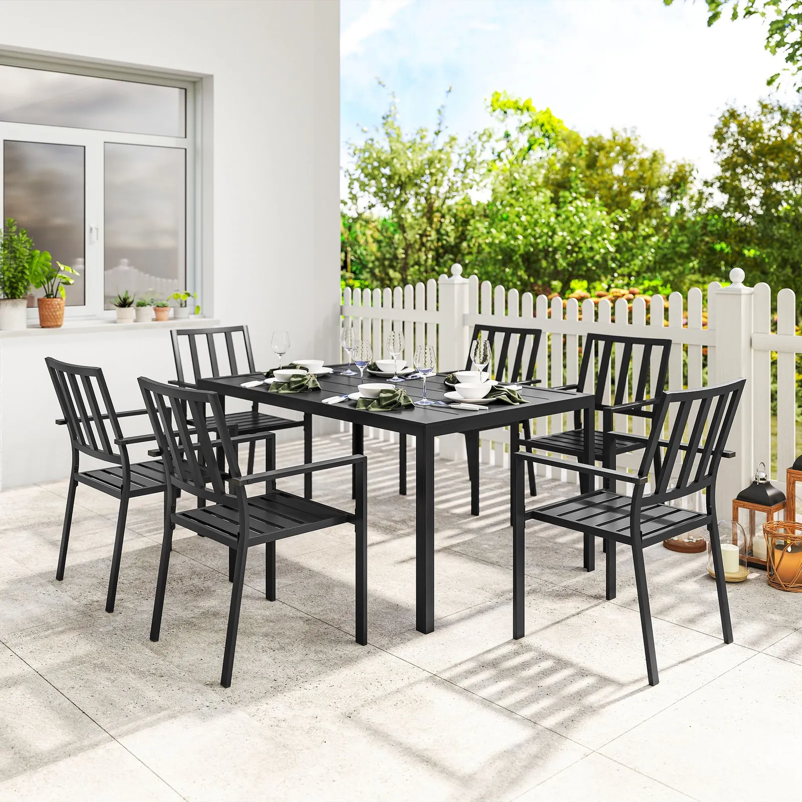 OUTSUNNY 7 PCs Garden Dining Set w/ Stackable Chairs & Metal Top Table in Black