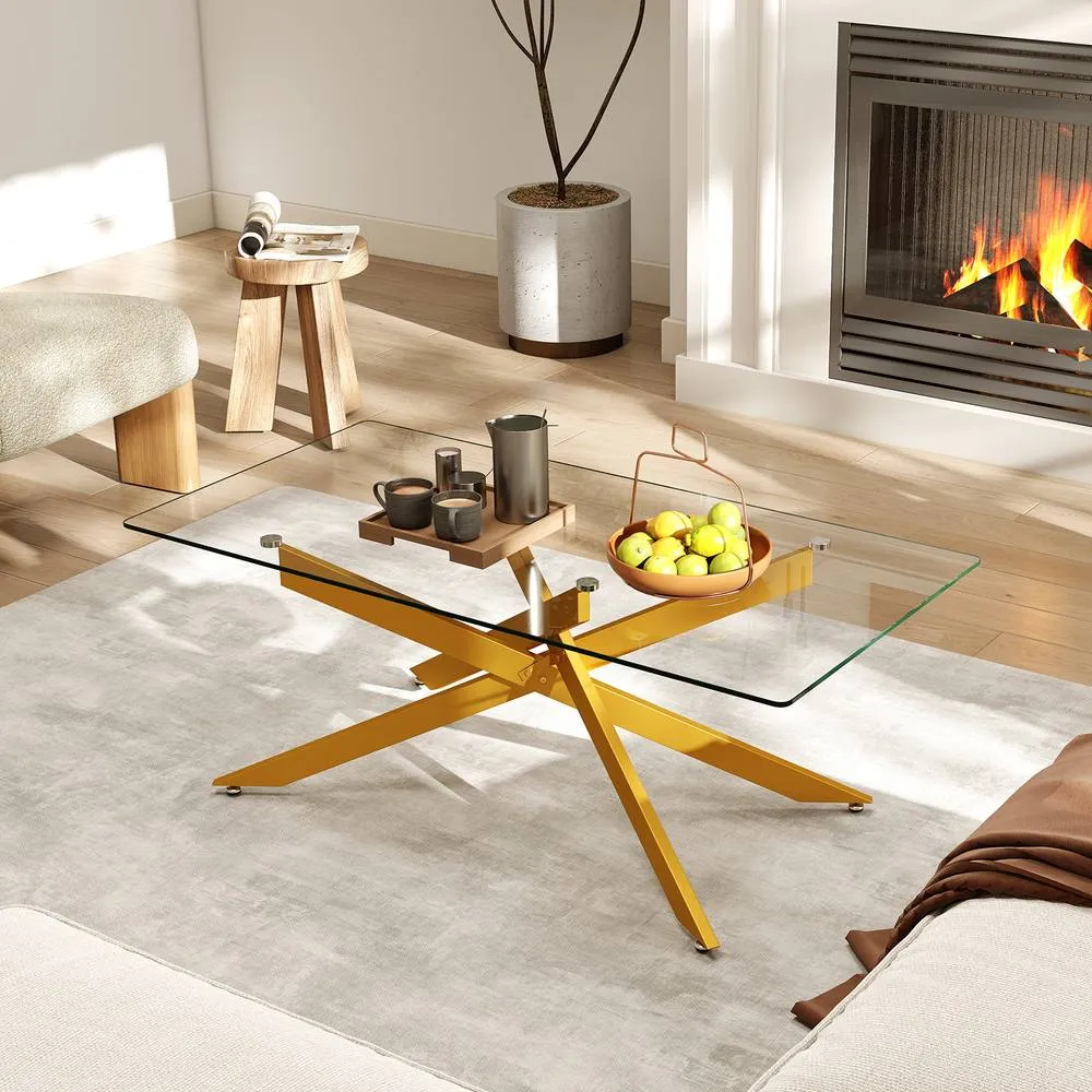 Costway Modern Glass Coffee Table Rectangle Center Cocktail Table Side Table in Gold