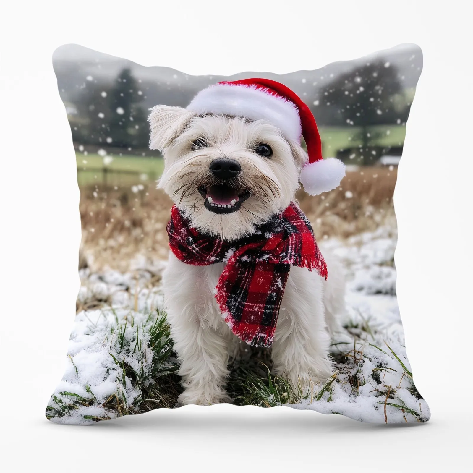 Warren Reed - Designer Christmas Dandie Dismount Terrier Cushion in White
