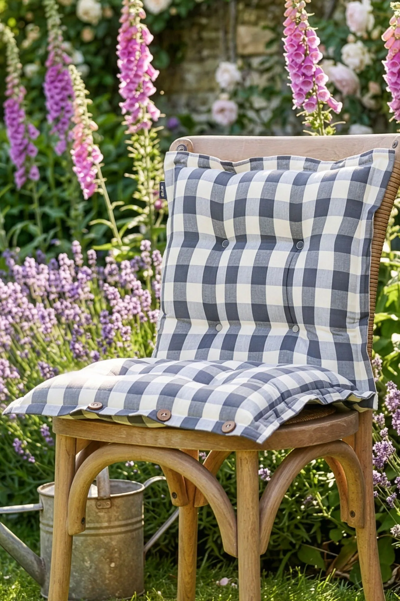 Dibor Set of 4 Grey Gingham Summer Outdoor Garden Chair Seat Pad Cushions W40 x L40cm 2