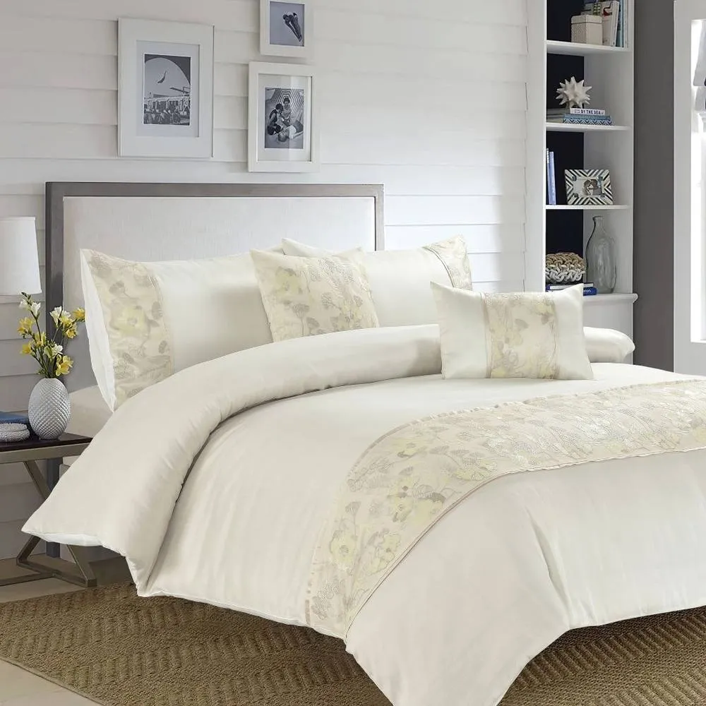 Homes-Linen Savanna Premium Embroidered Duvet Cover Set Soft Polyester Bedding in Cream