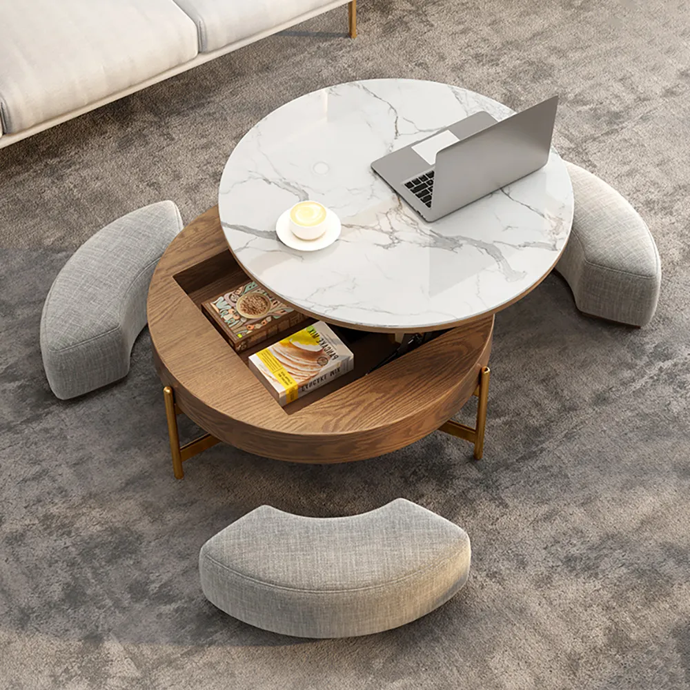 Round Lift-Top Coffee Table Set with 3 Ottomans and Storage White Tabletop and Walnut-Coloured Body