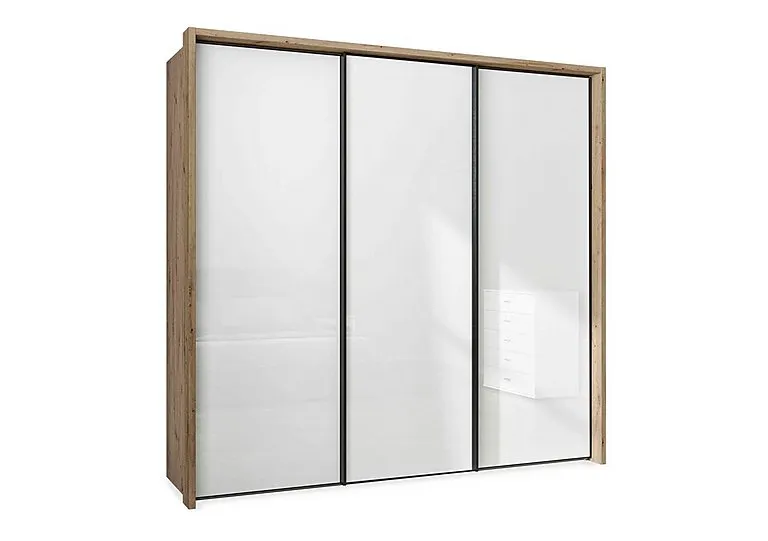 Dallas 235cm 3 Door Sliding Glass Wardrobe - Bianco Oak and White