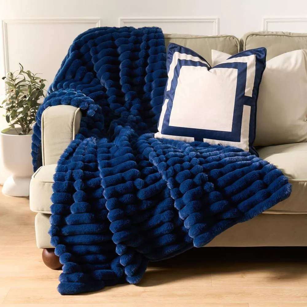 OHS Faux Fur Ribbed Fleece Throw Over Bed Blanket Winter Warm Supersoft in Navy