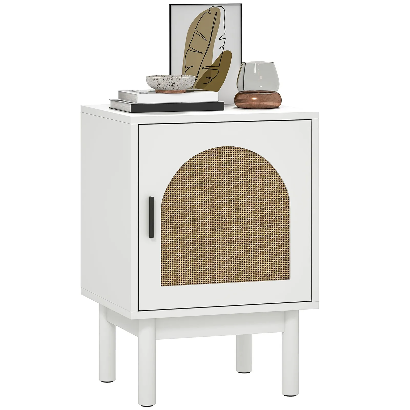 HOMCOM Boho Bedside Table with Rattan Door & Adjustable Shelf in White 2