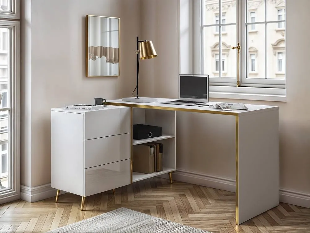 Vente-unique Corner Desk With Drawers & Recesses - Gloss White & Gold