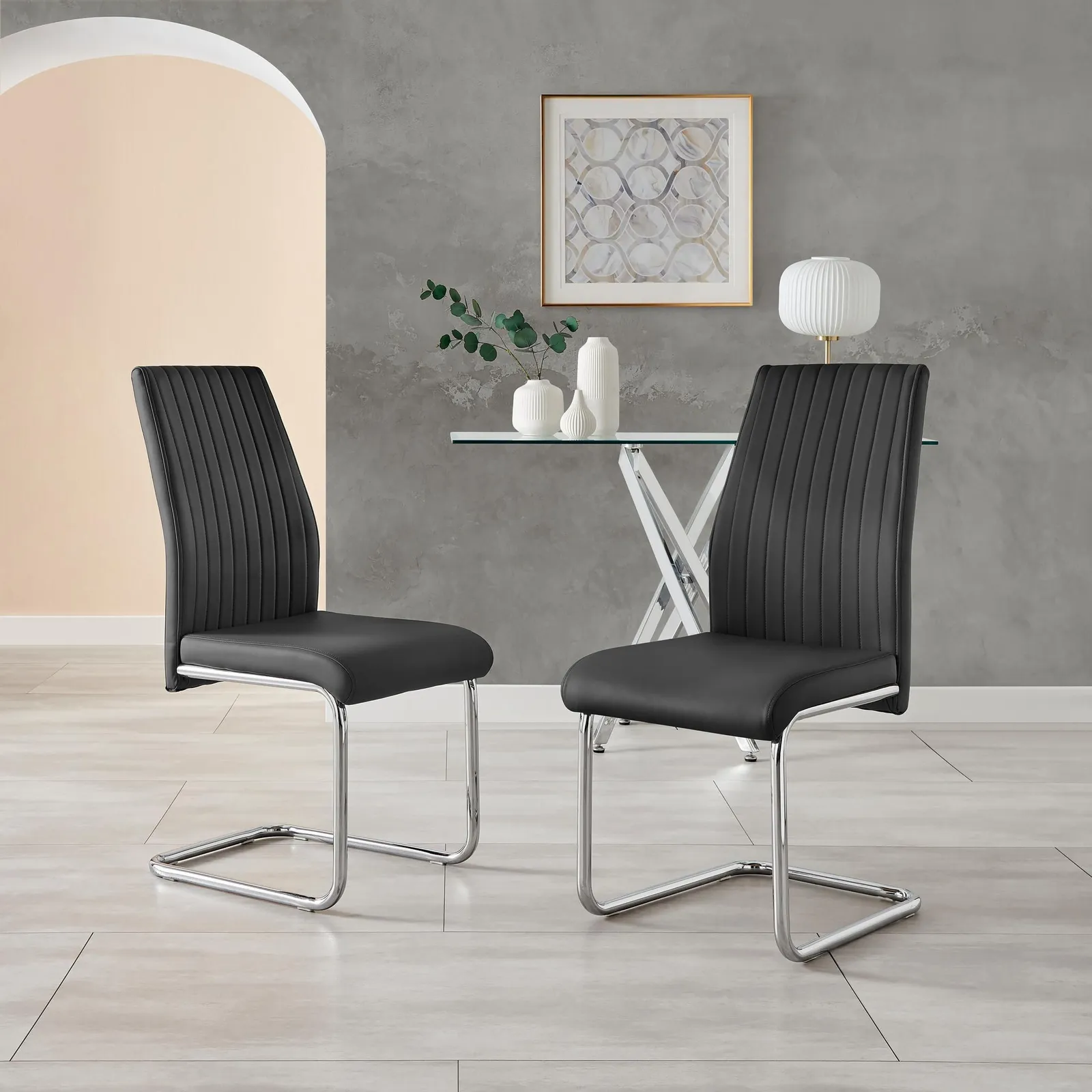 FurnitureboxUK 2x Lorenzo Faux Leather Chrome Dining Chairs in Black 3
