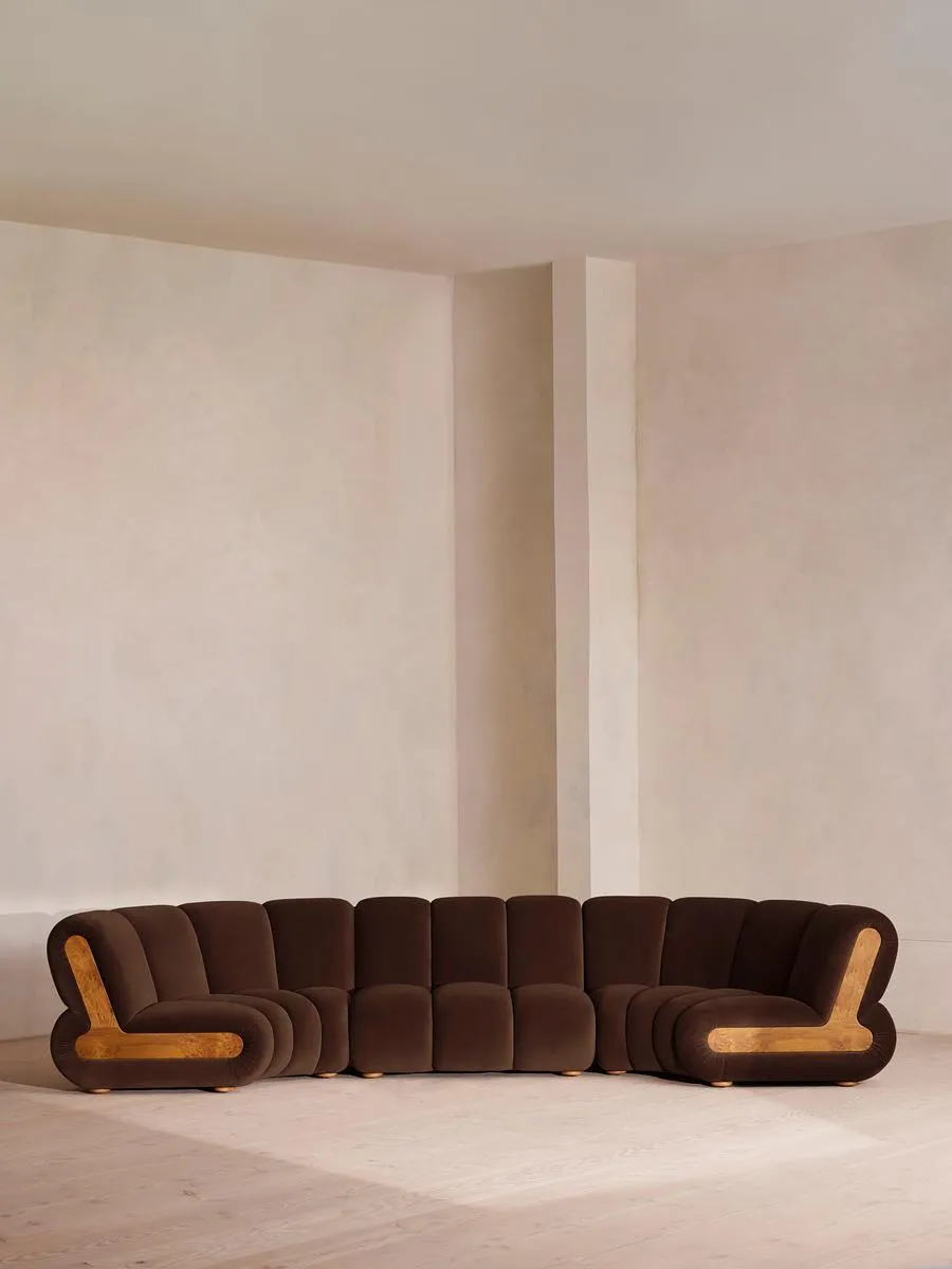 Noelle Modular Curved Sofa, Six Seater, Velvet Chocolate Brown