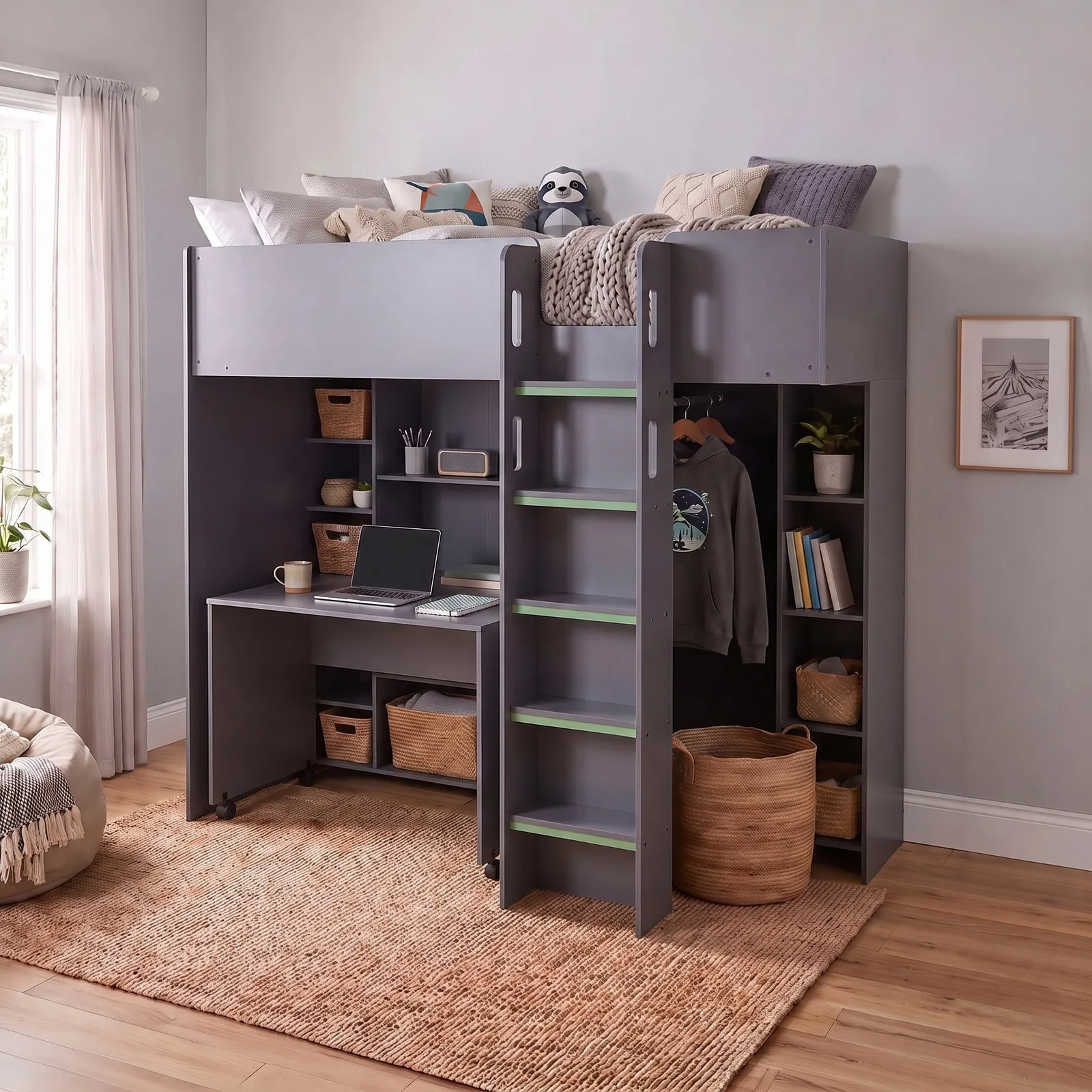 Tao - Single - Storage High Sleeper Bed with Desk, Shelving and Wardrobe - Anthracite - Wooden - 3ft 1