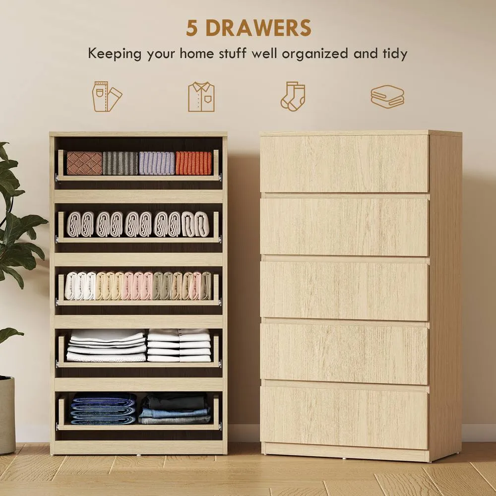 HOMCOM Bedroom Chest of Drawers, 5 Drawers Dresser, Drawer Unit, Natural 4