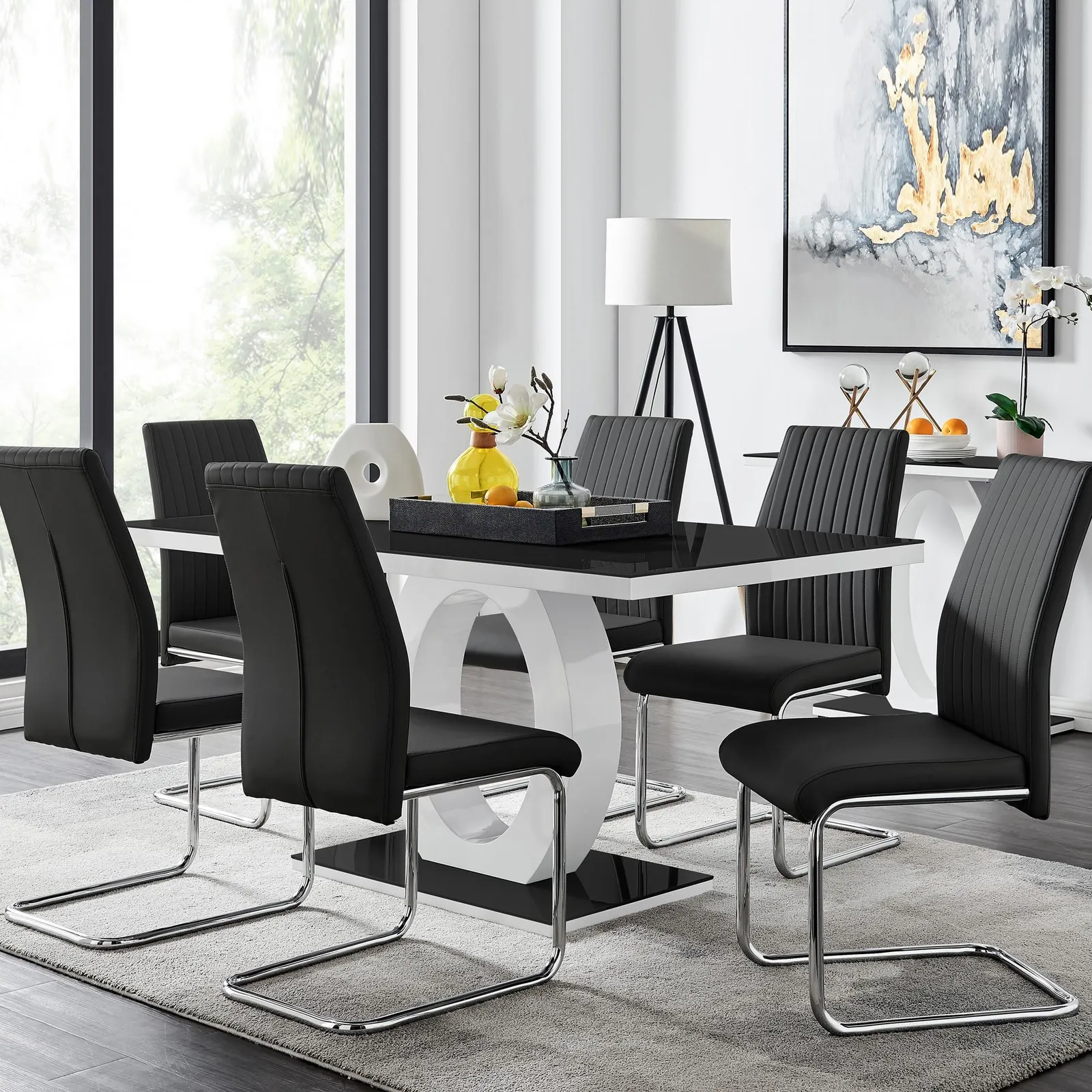FurnitureboxUK Giovani High Gloss & Glass Dining Table & 6 Lorenzo Chairs Set in Black