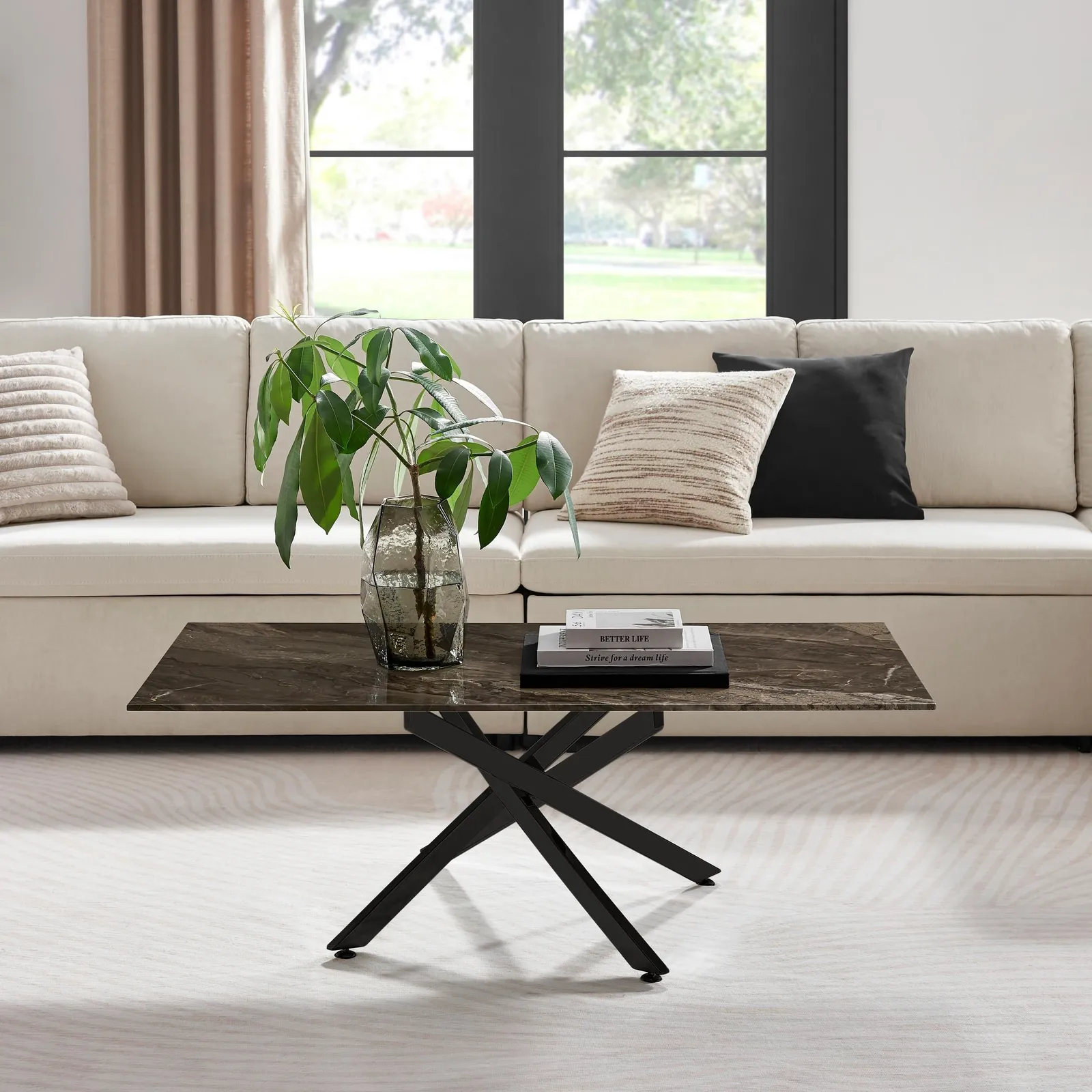 FurnitureboxUK Leonardo Rectangular Marble Effect Glass Top Coffee Table With Black Metal Starburst Legs in Grey 1