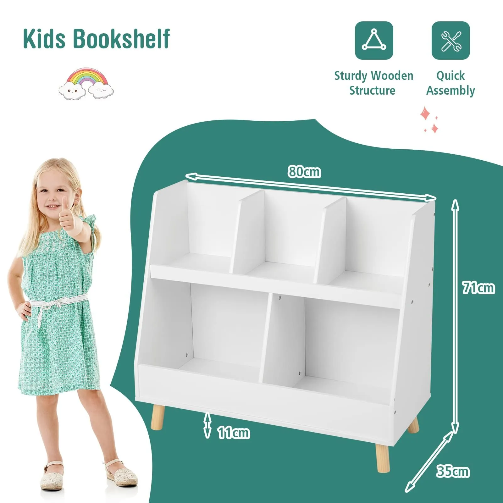 Costway 5Cube Bookshelf & Toy Organizer Wooden Storage Bookcase w/ Wood Legs in White 2
