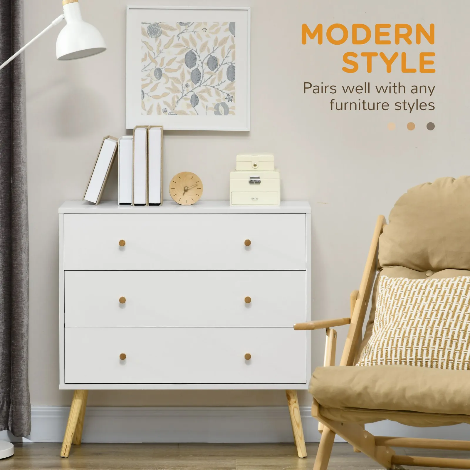 HOMCOM Chest of Drawers, 3 Drawer Unit Storage Cabinet Bedroom Living Room in White 4