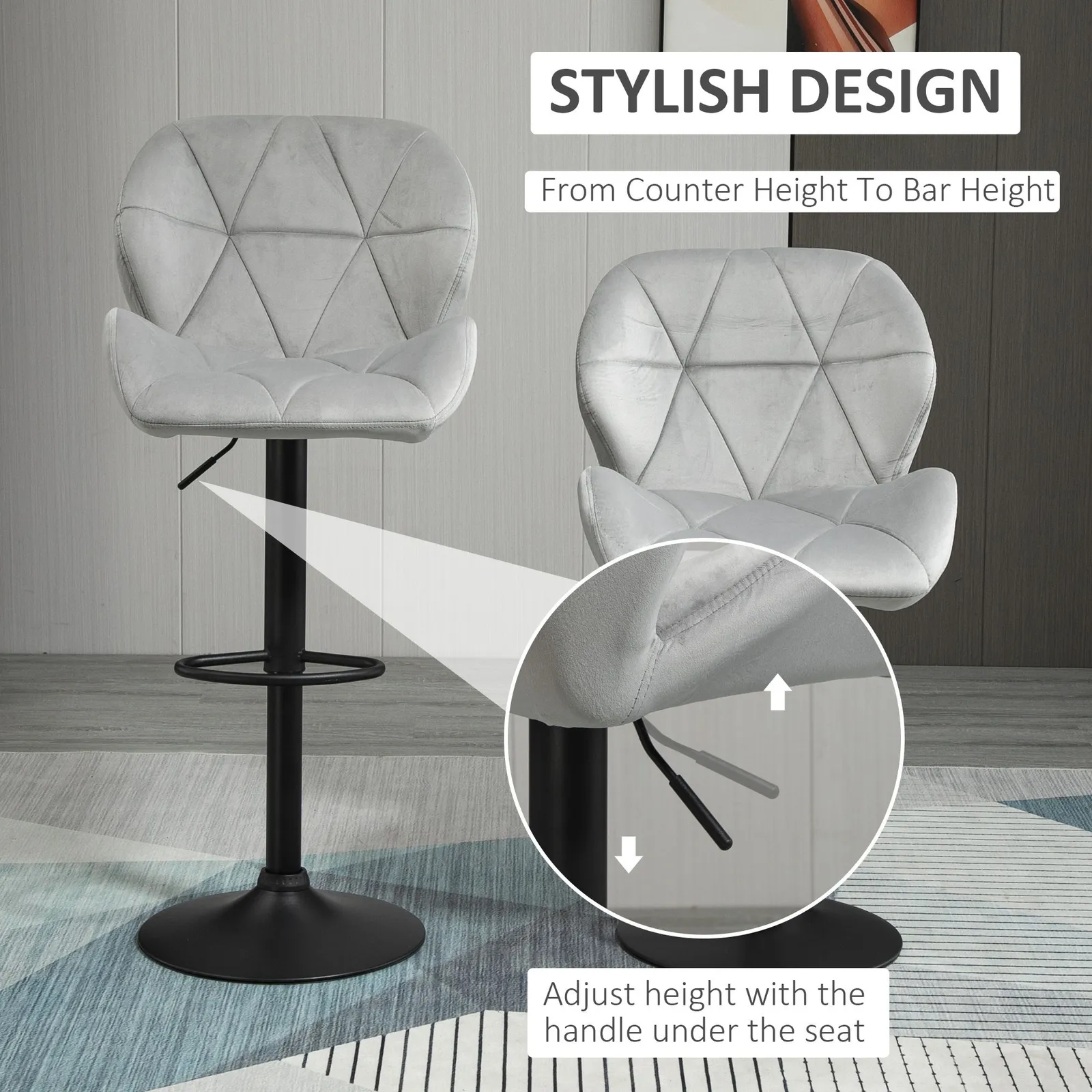 HOMCOM Velvet Bar Stools Set of 2 Back Padded Swivel Chairs for Breakfast in Light Grey 4