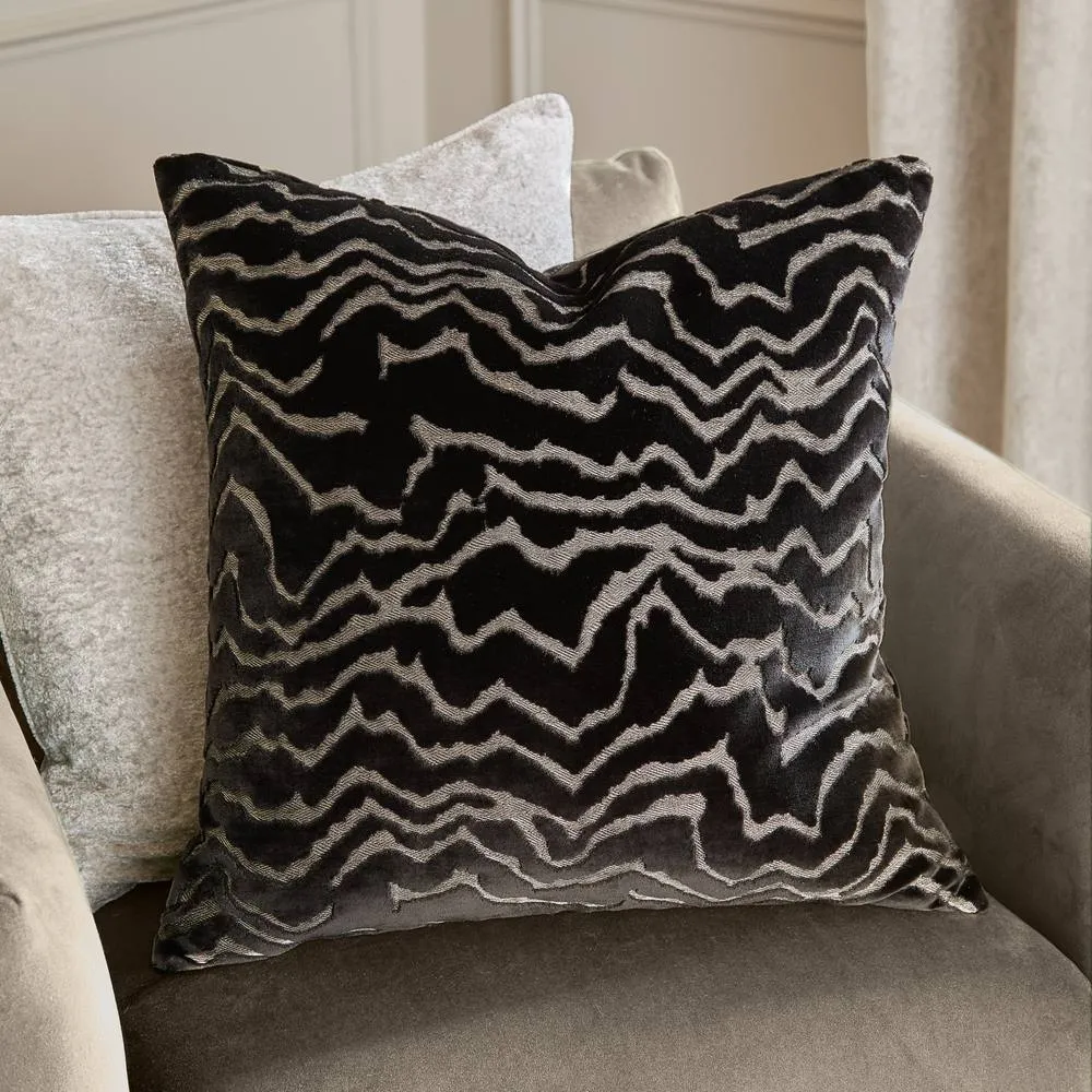 Paoletti Tierra Cut Velvet Abstract Cushion in Jet Black 1