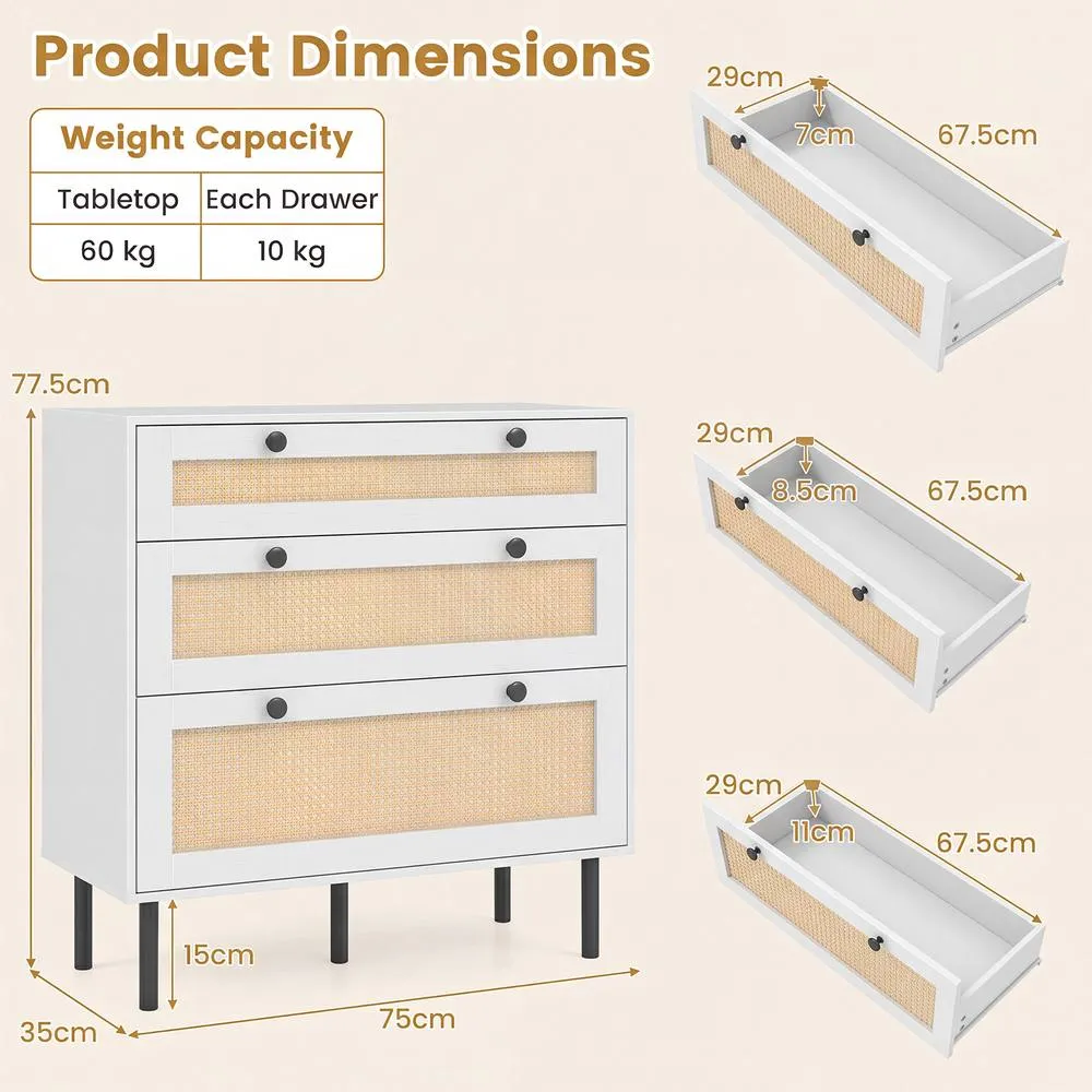 Costway Dresser with 3 Drawers & Rattan Design & 5 Metal Legs in White 2