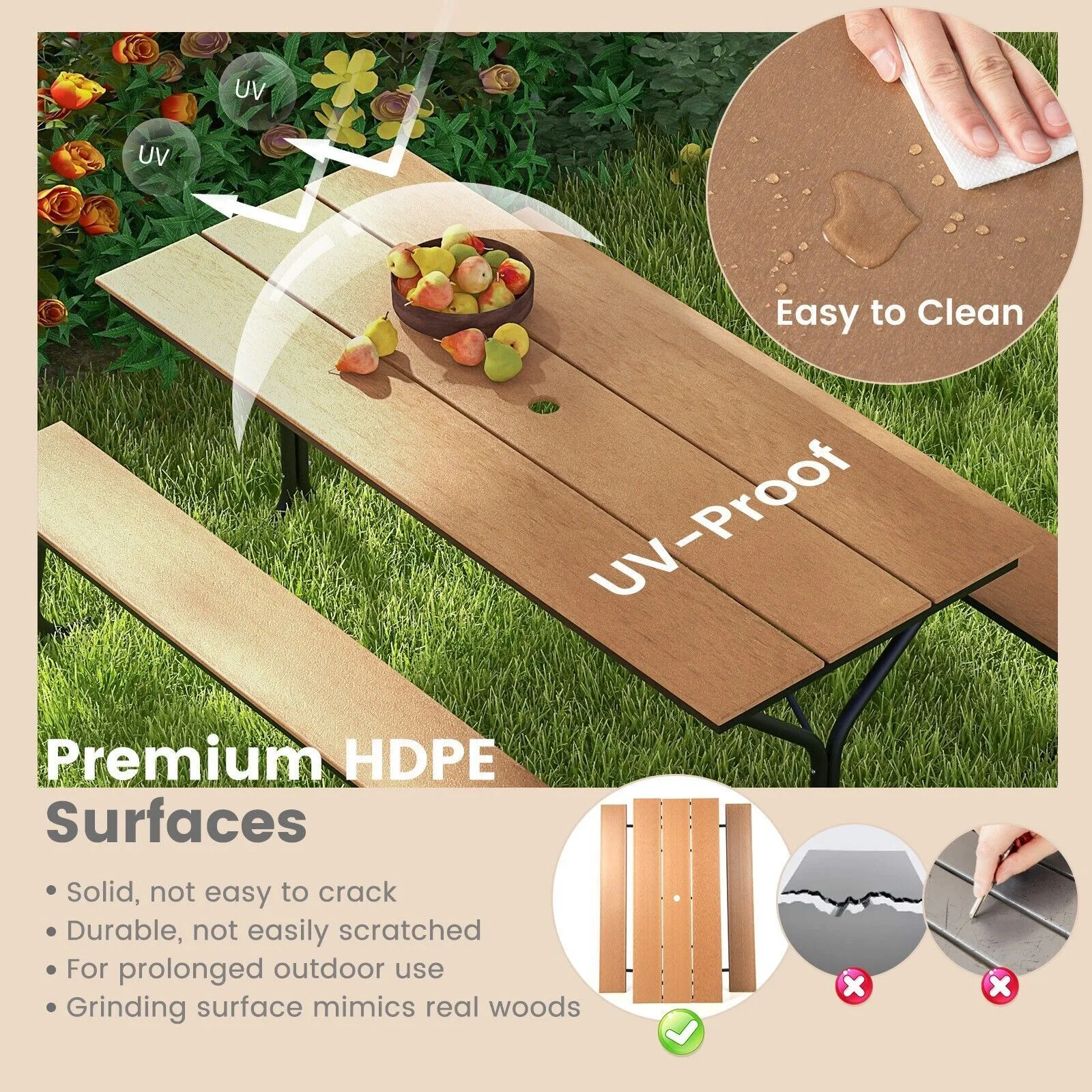 Costway Outdoor Dining Table & 2 Benches Picnic Table Bench Set w/ Umbrella Hole in Brown 5