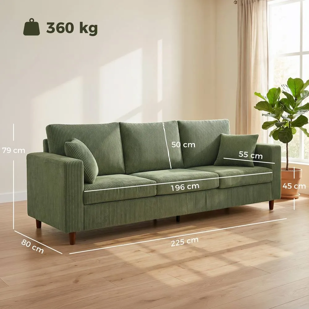 HOMCOM 3 Seater Sofa with Wide Seat, Corduroy Upholstered, Green 3