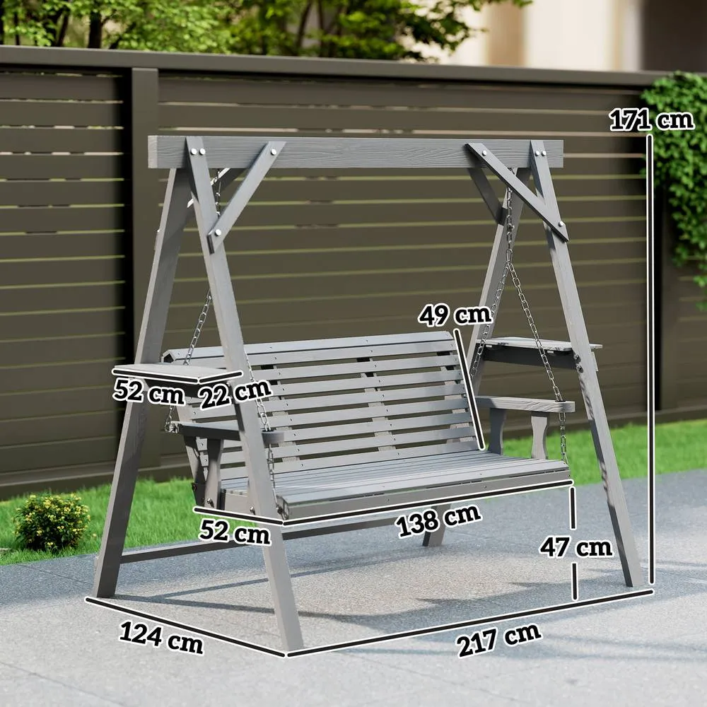 OUTSUNNY 3 Seater Wooden Garden Swing Chair with Side Tables, Dark Grey 3