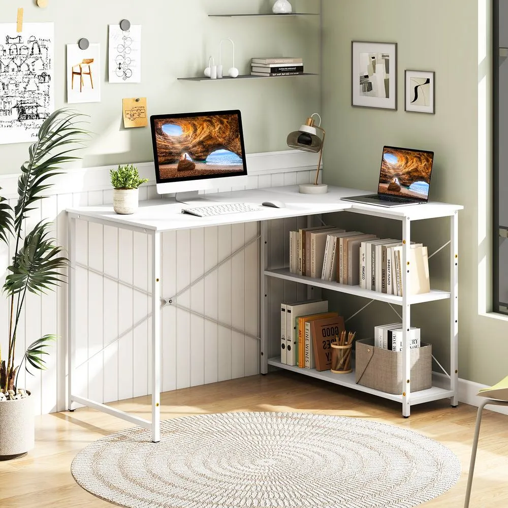 Costway L-shaped Computer Desk Reversible Corner Desk w/Adjustable Shelf-White in White 2