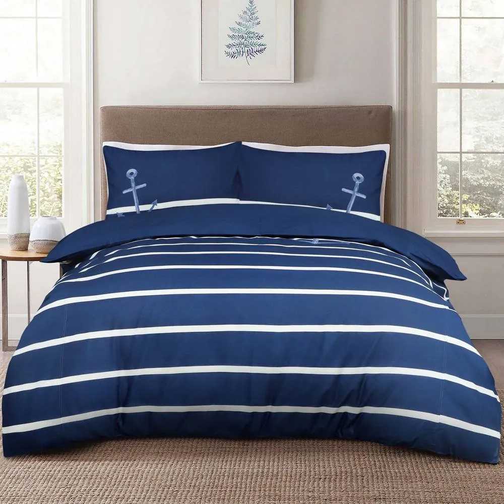 Smart Living Luxury Sailor Striped Duvet Cover With Pillowcases in Navy