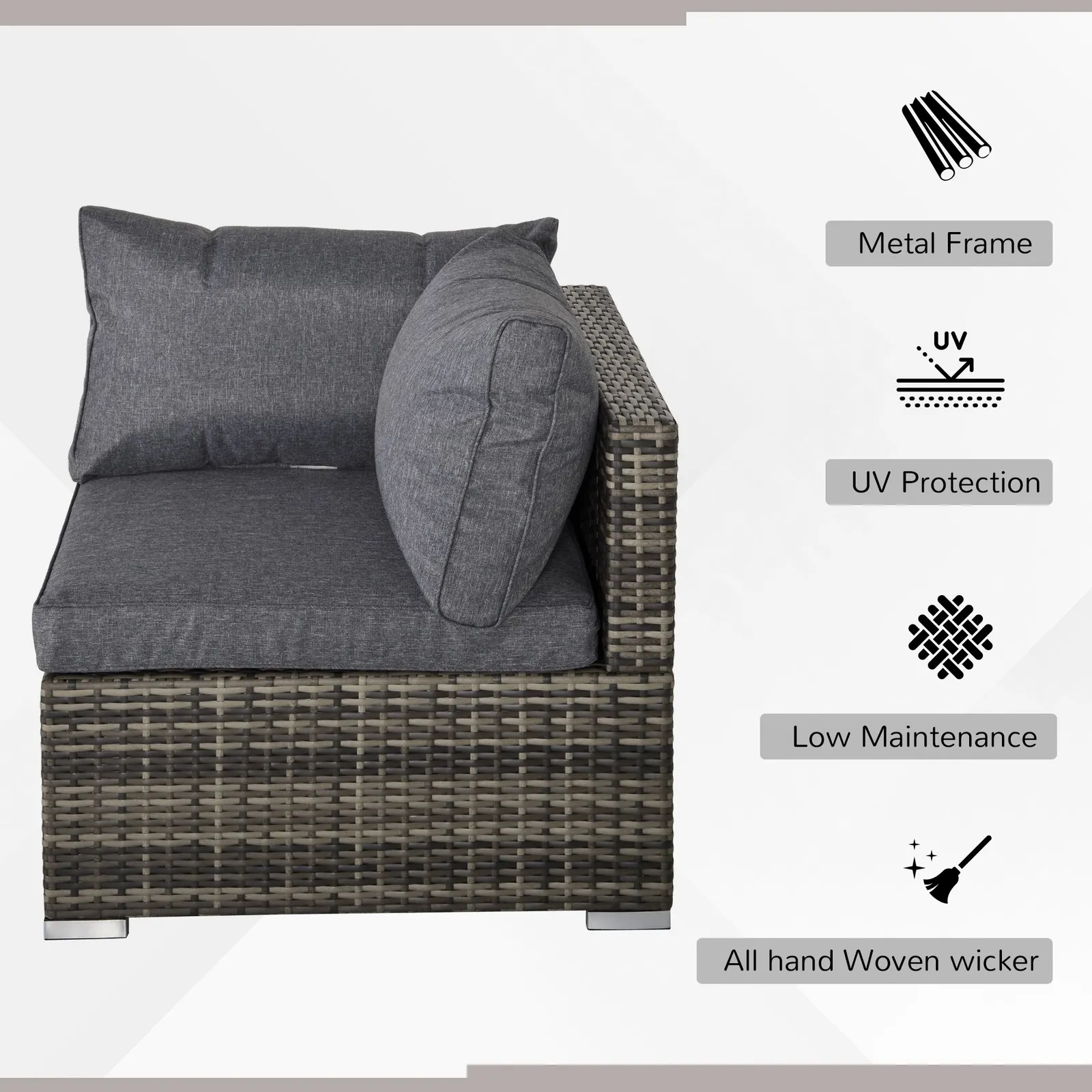 OUTSUNNY Outdoor Garden Furniture Rattan Single Middle Sofa w/ Cushions in Dark Grey 4