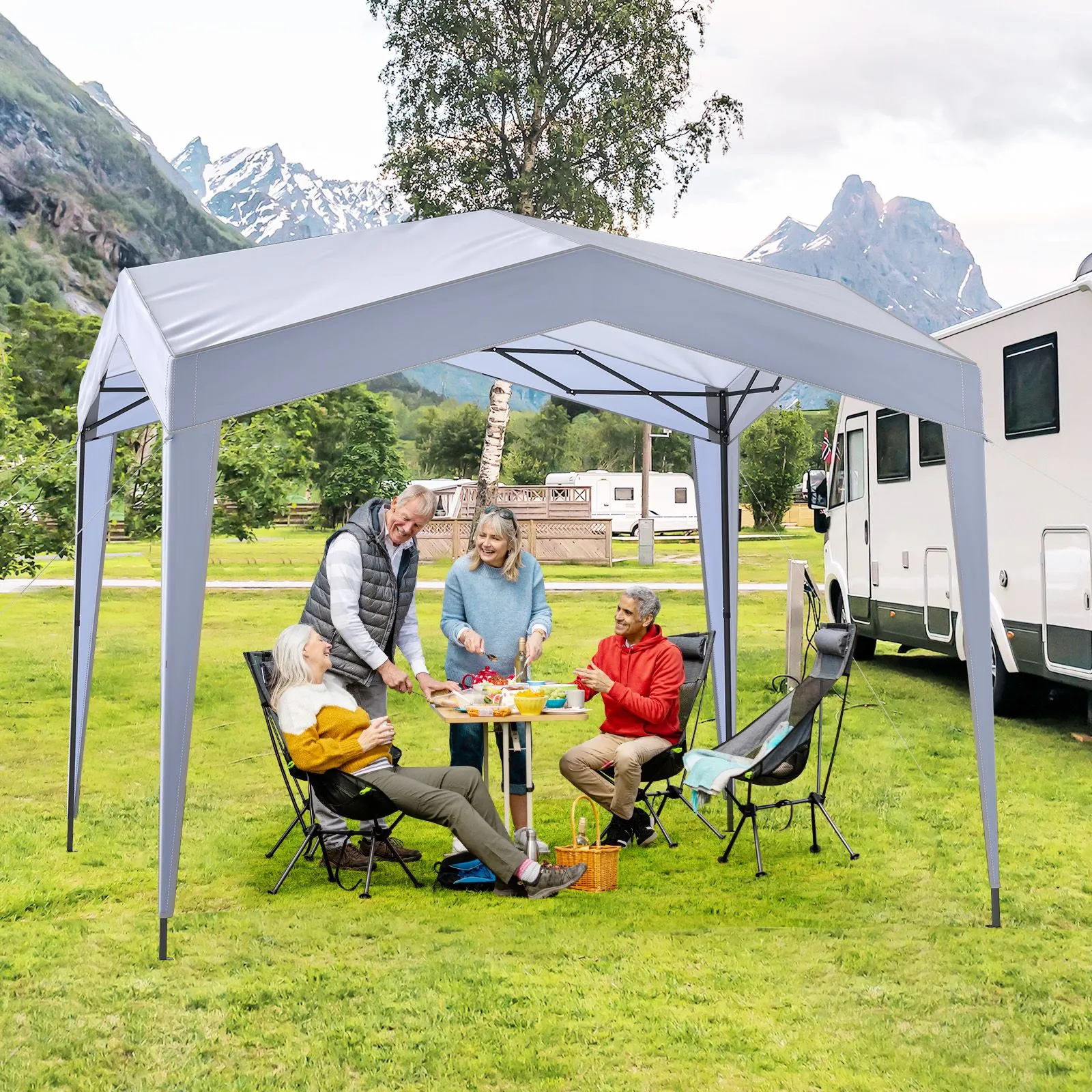 Costway 302 x 302 cm Pop up Canopy Tent with Portable Wheeled Bag & 8 Stakes in White 3