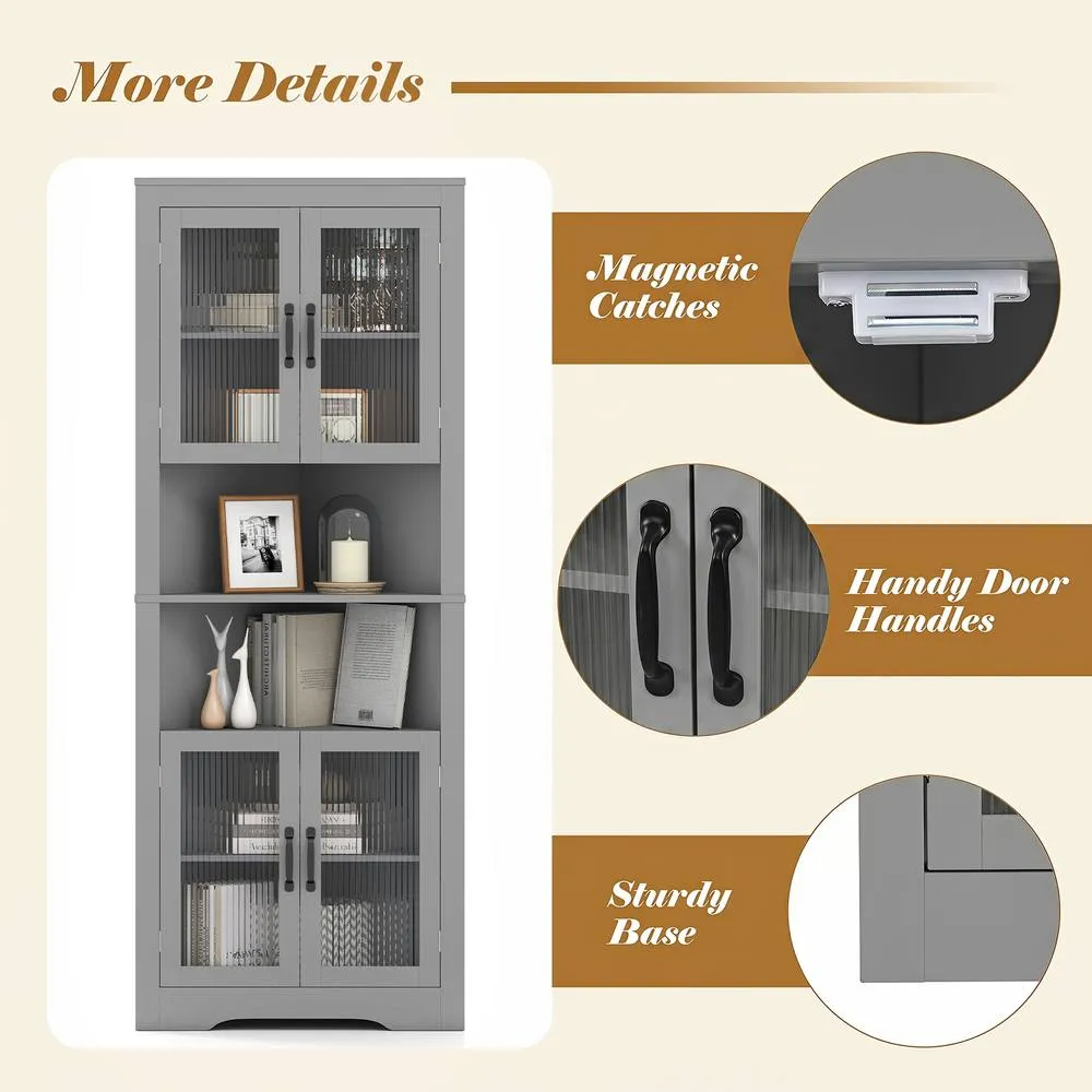Costway 6-Tier Corner Storage Cabinet 170cm Tall Corner Hutch w/ 4 Glass Doors in Grey 4