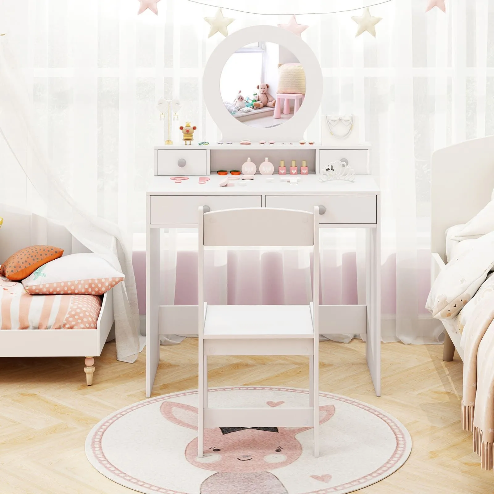 Costway Vanity Set Princess Makeup Dressing Desk & Chair w/ Mirror in White 6