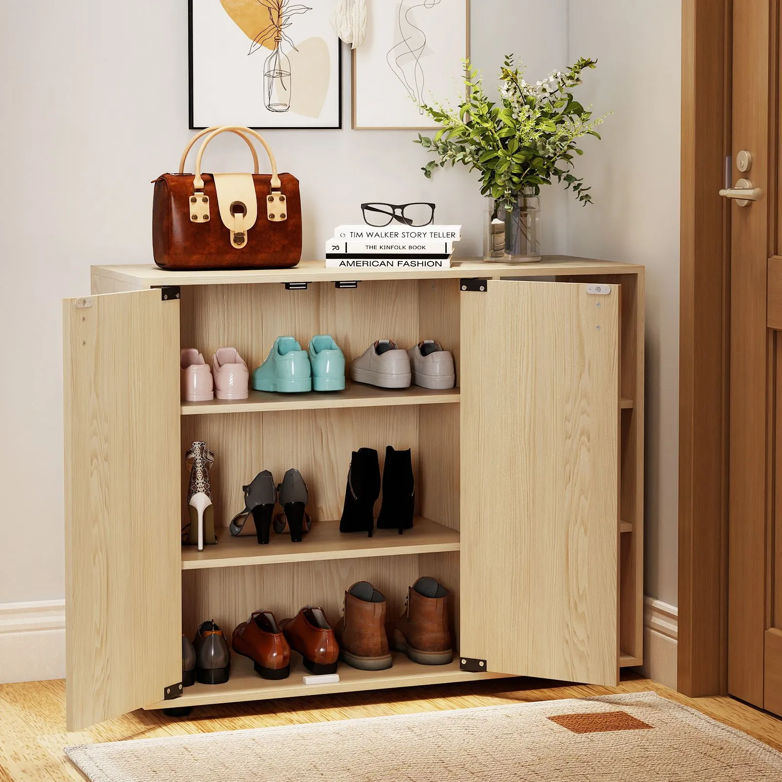Costway 3-Tier Shoe Storage Rack Shoe Cabinet with Doors in Natural