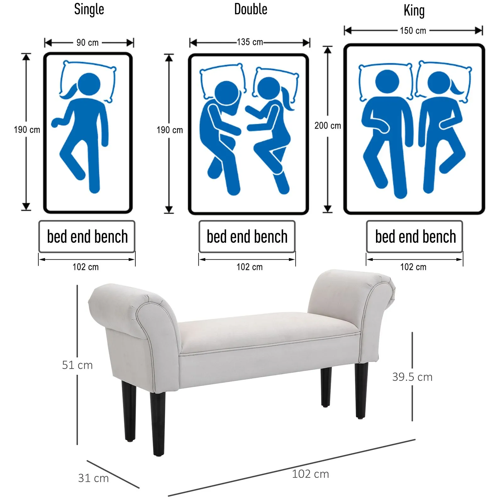 HOMCOM Bed End Bench Sofa Lounge Window Padded Seat Hallway with Wooden Leg in Light Grey 5