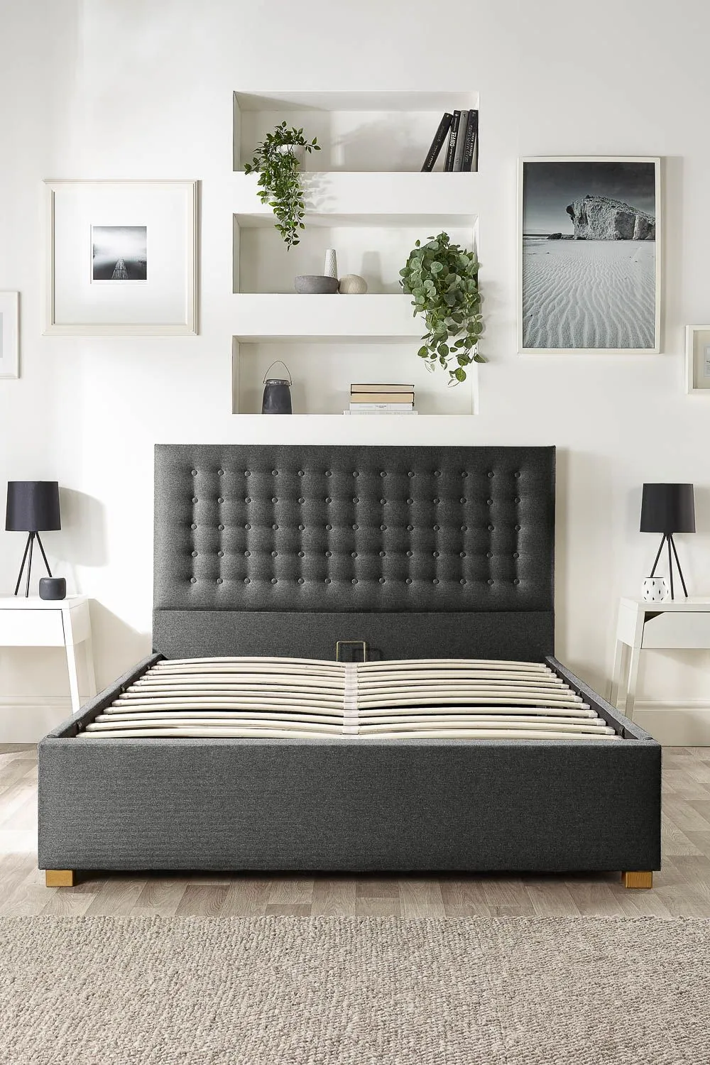 Catherine Lansfield Opulence Ottoman Storage Bed in Saxon Twill Fabric, Custom Made in Charcoal 6