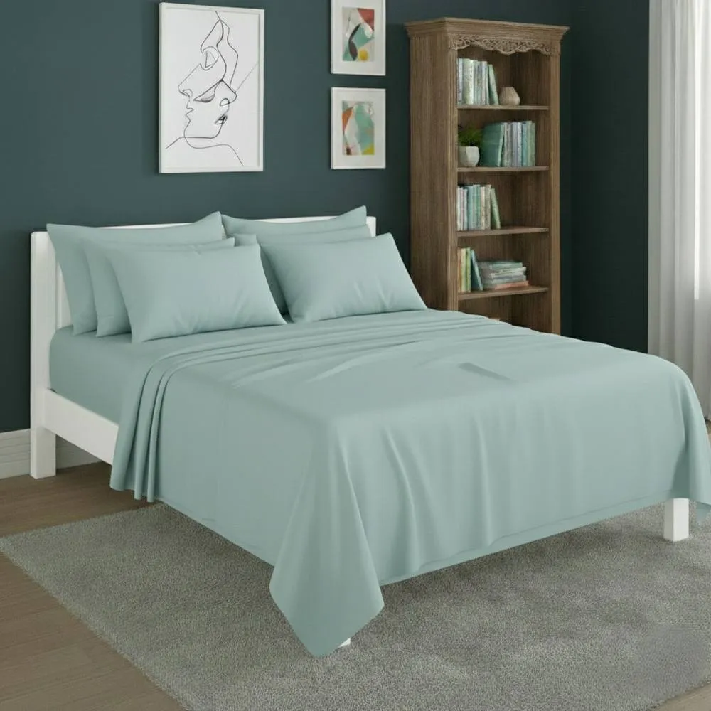 Snug City Plain Poly Cotton Easy Care Fitted Flat Sheet Matching Pillowcases Set in Duck Egg Blue