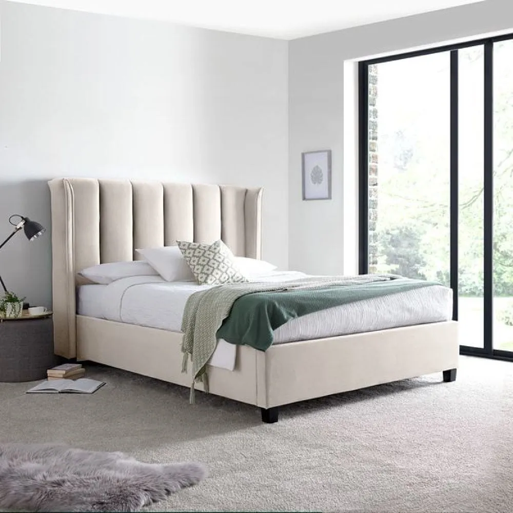 Aurora - Double Bed - Ottoman Storage - Neutral Stone - Velvet - 4ft6 - Happy Beds 1