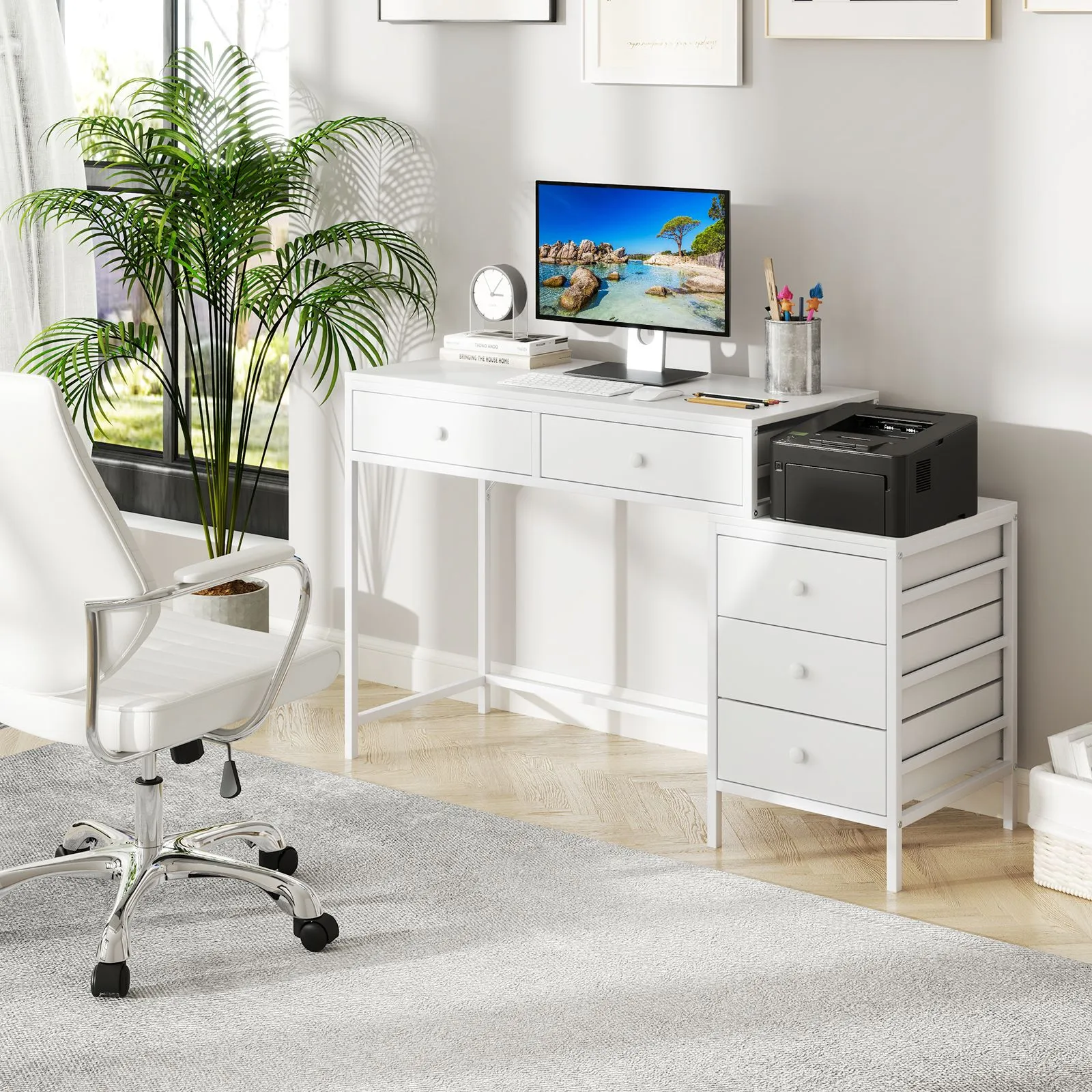 Costway Computer Desk Home Office Desk w/ Side File Cabinet & 5 Drawers in White 3