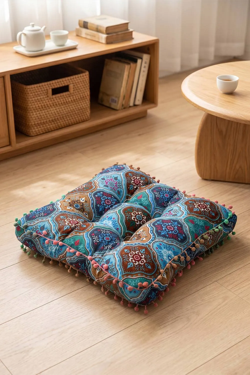 Living and Home Bohemian Patterned Pom-Pom Trimmed Seat Cushion in Blue