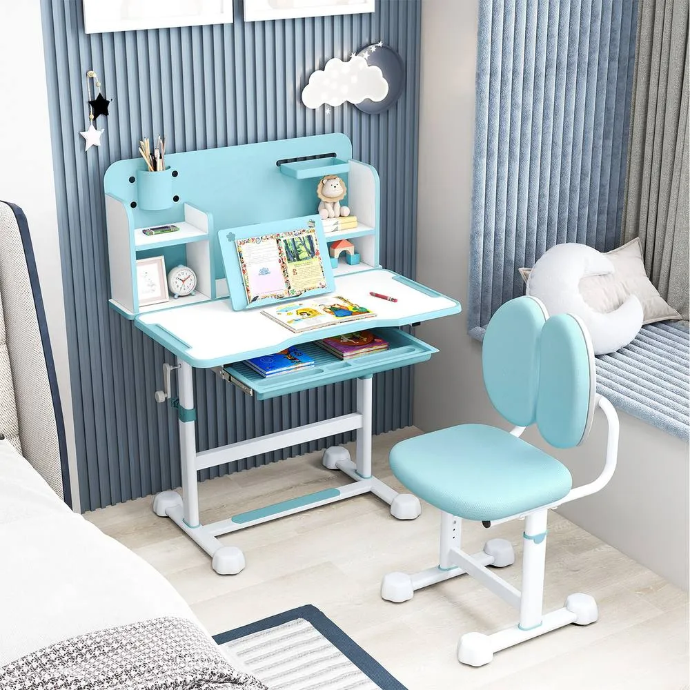 Costway Kid's Study Desk & Chair Set Adjustable Desk-Blue in Blue