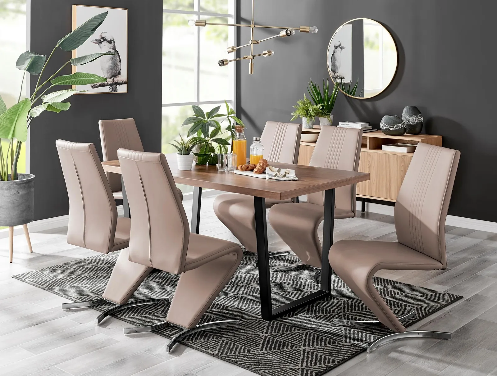 FurnitureboxUK Kylo Large Brown Wood Effect Dining Table & 6 Willow Faux Leather Chairs in Beige 1