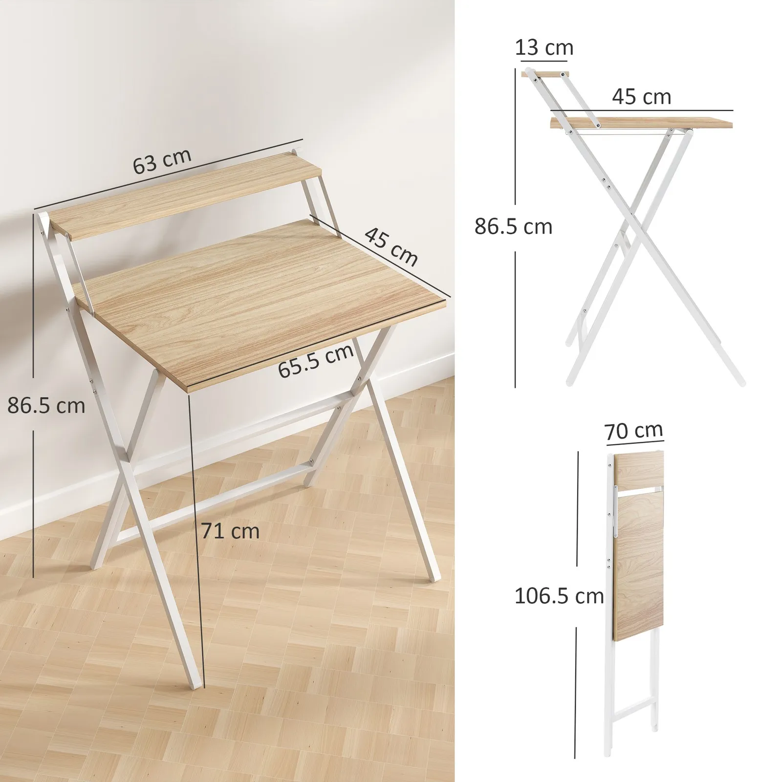HOMCOM 70 cm Folding Computer Desk for Small Spaces Bedroom in Natural 3