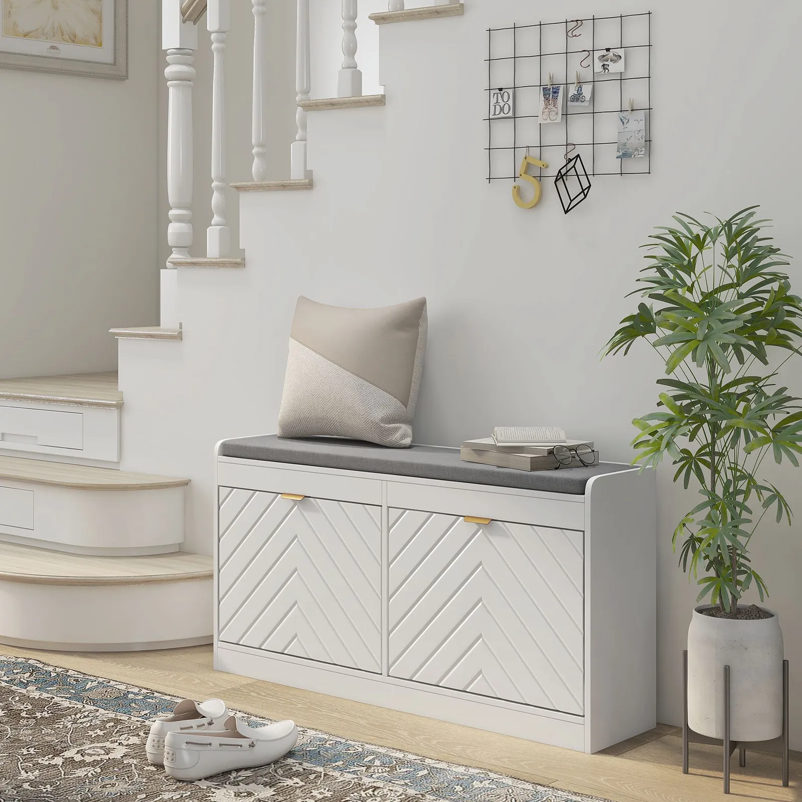 HOMCOM Shoe Storage Bench with 2 Flip Drawers Cushion 2 Vents for 8 Pairs in White