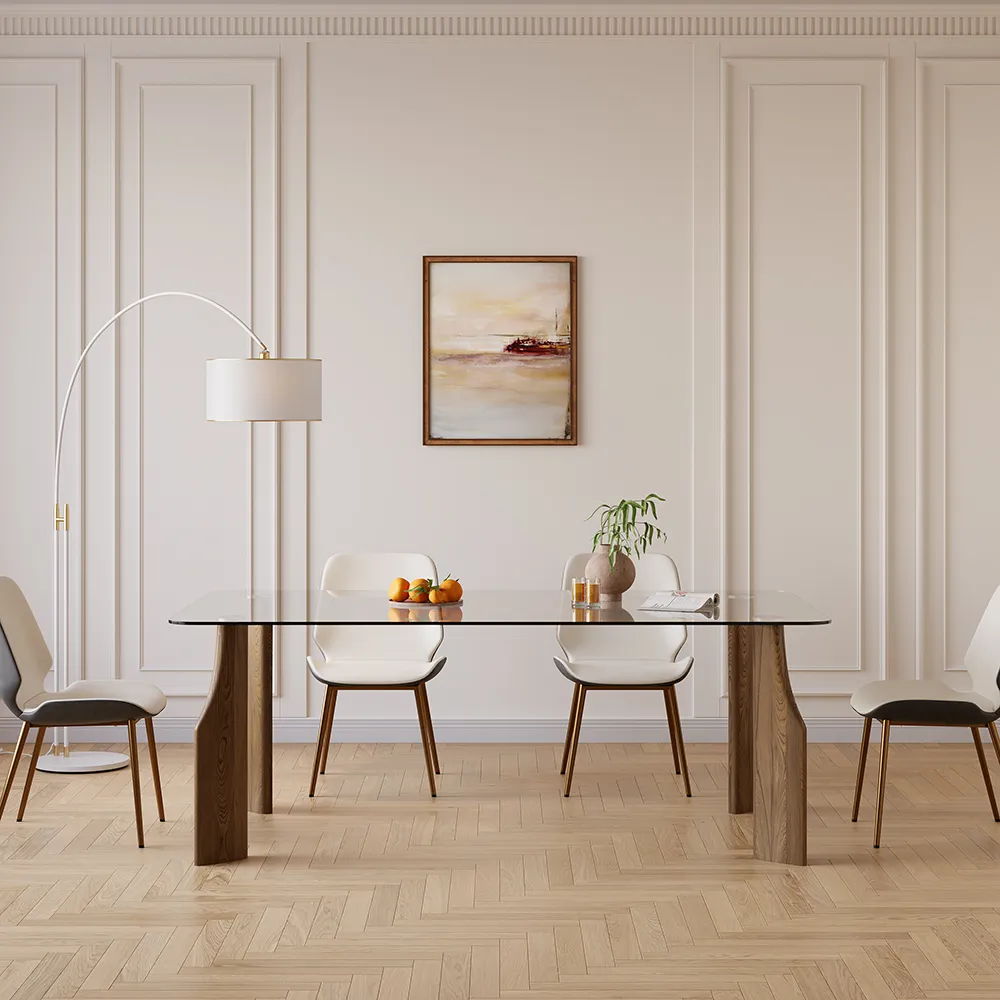 1800mm Rectangle Glass Dining Table for 8 Person Walnut Solid Wood 4-Legs