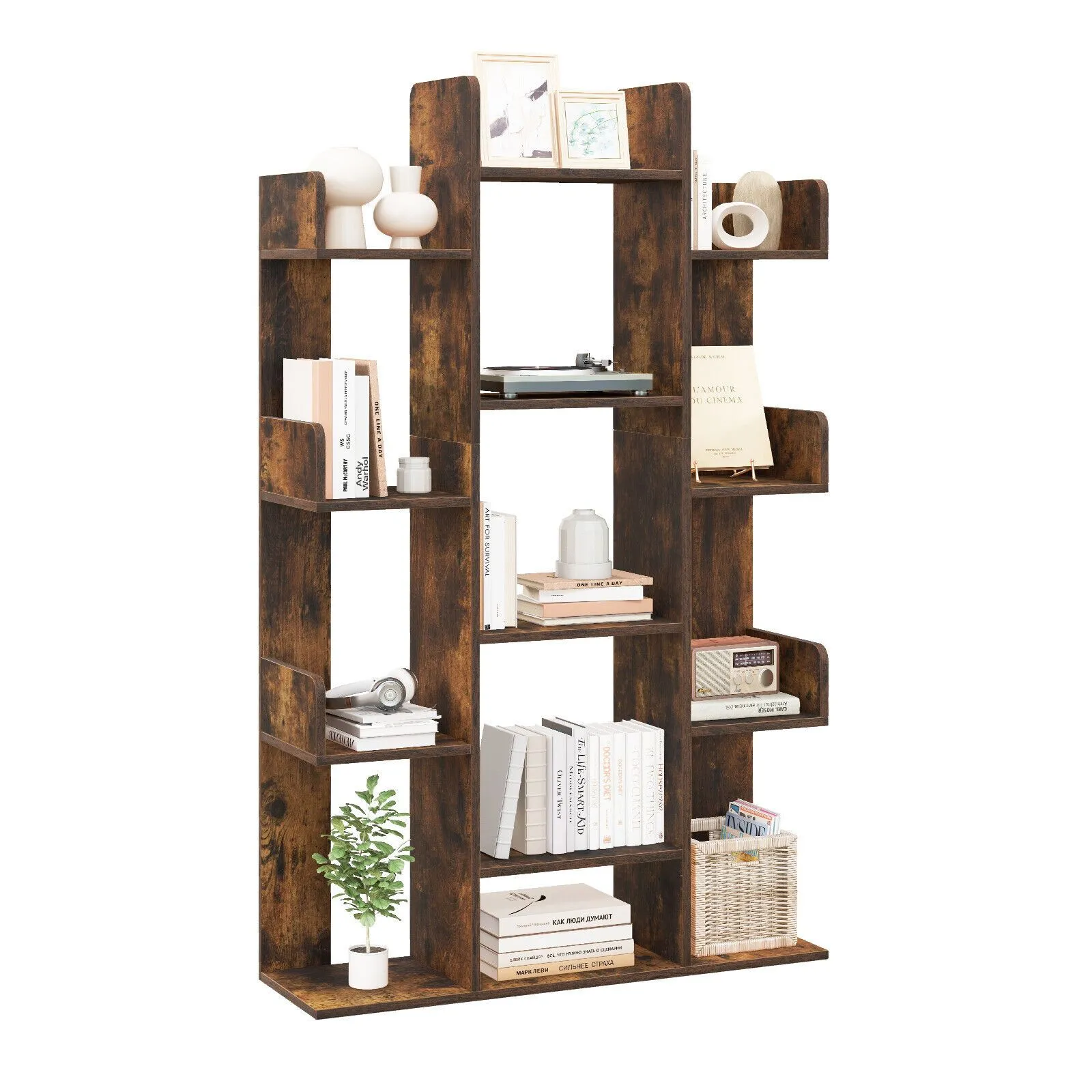 Costway Tree Bookshelf Tall Bookcase Corner Books Storage Organizer Display Cube Shelf in Brown