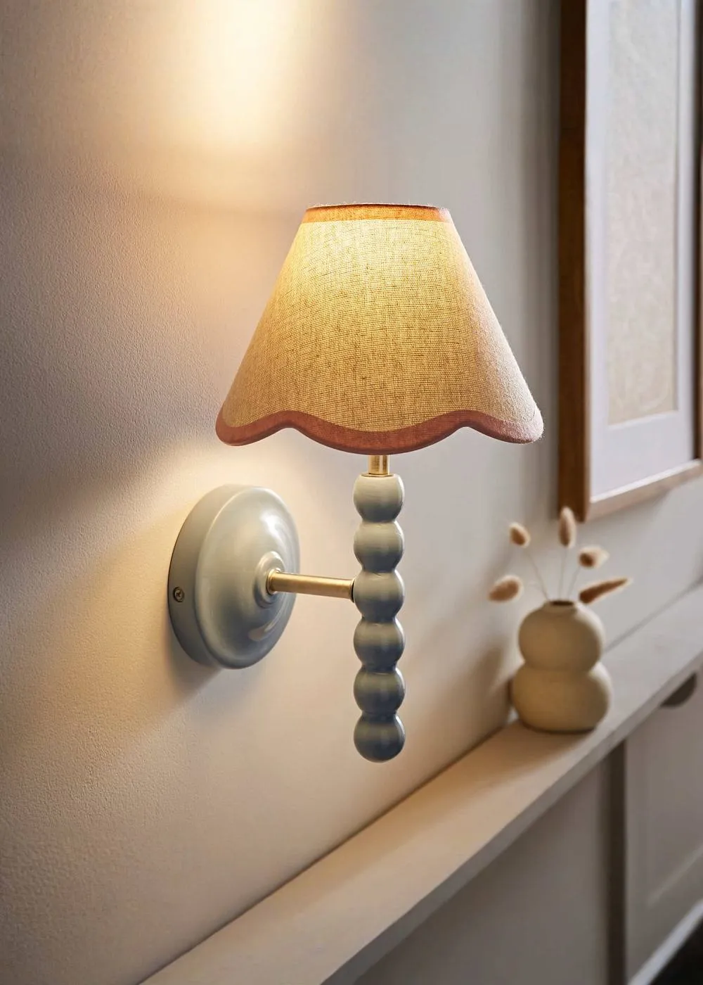 ValueLights Bobbins Powder Blue Bobble Wall Light & Linen Pastel Trim Lamp Shade in Pale Pink 1
