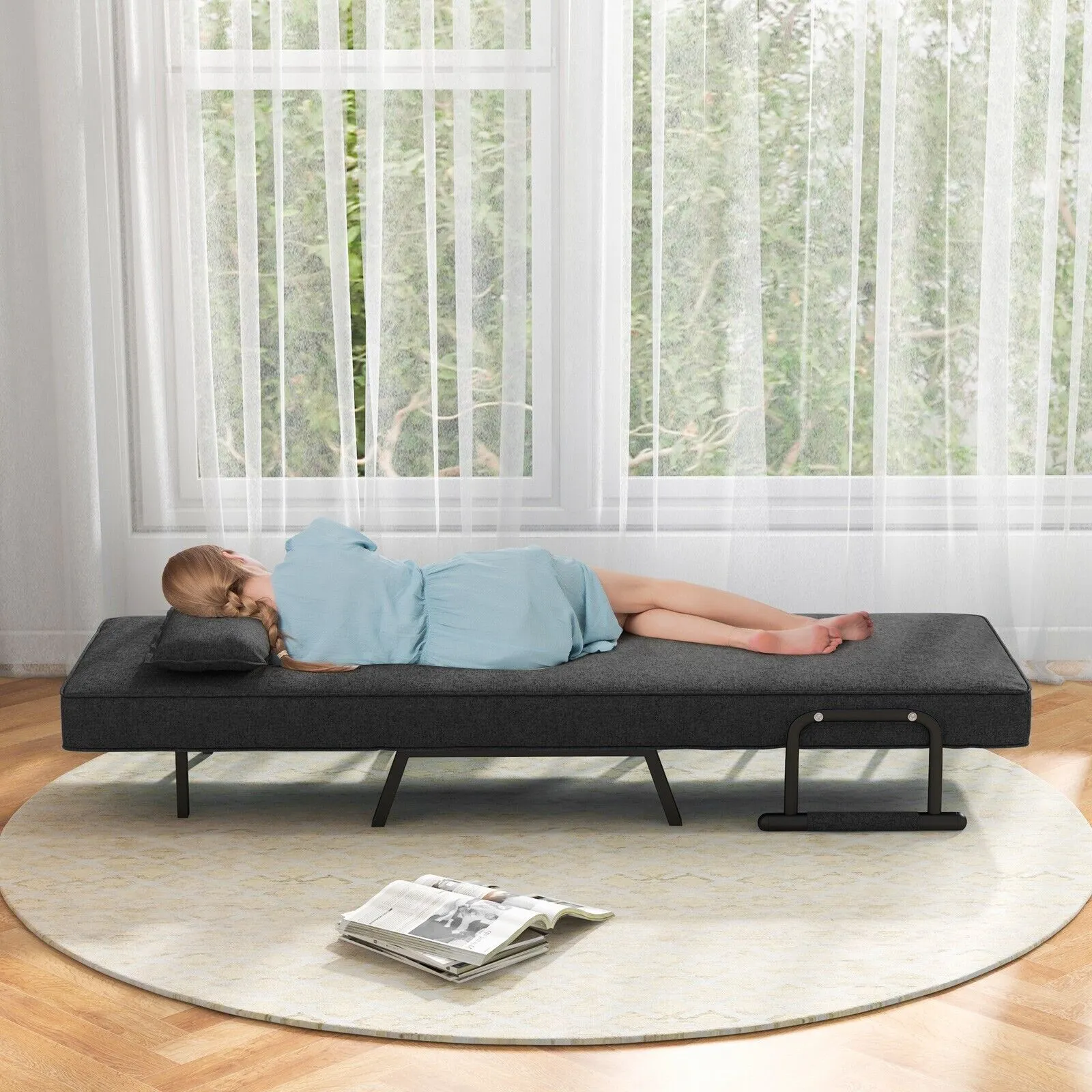 Costway Convertible Single Folding Sofa Bed Sleep Chair w/ 6 Positions Adjustable Backrest Dark Grey 6