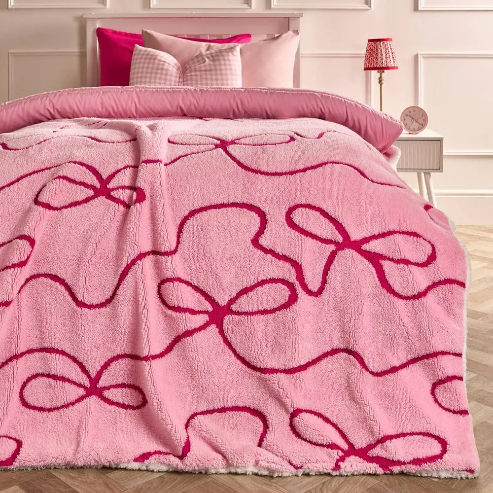 OHS Bows Tufted Teddy Fleece Throw Blanket Soft Bedspread in Pink