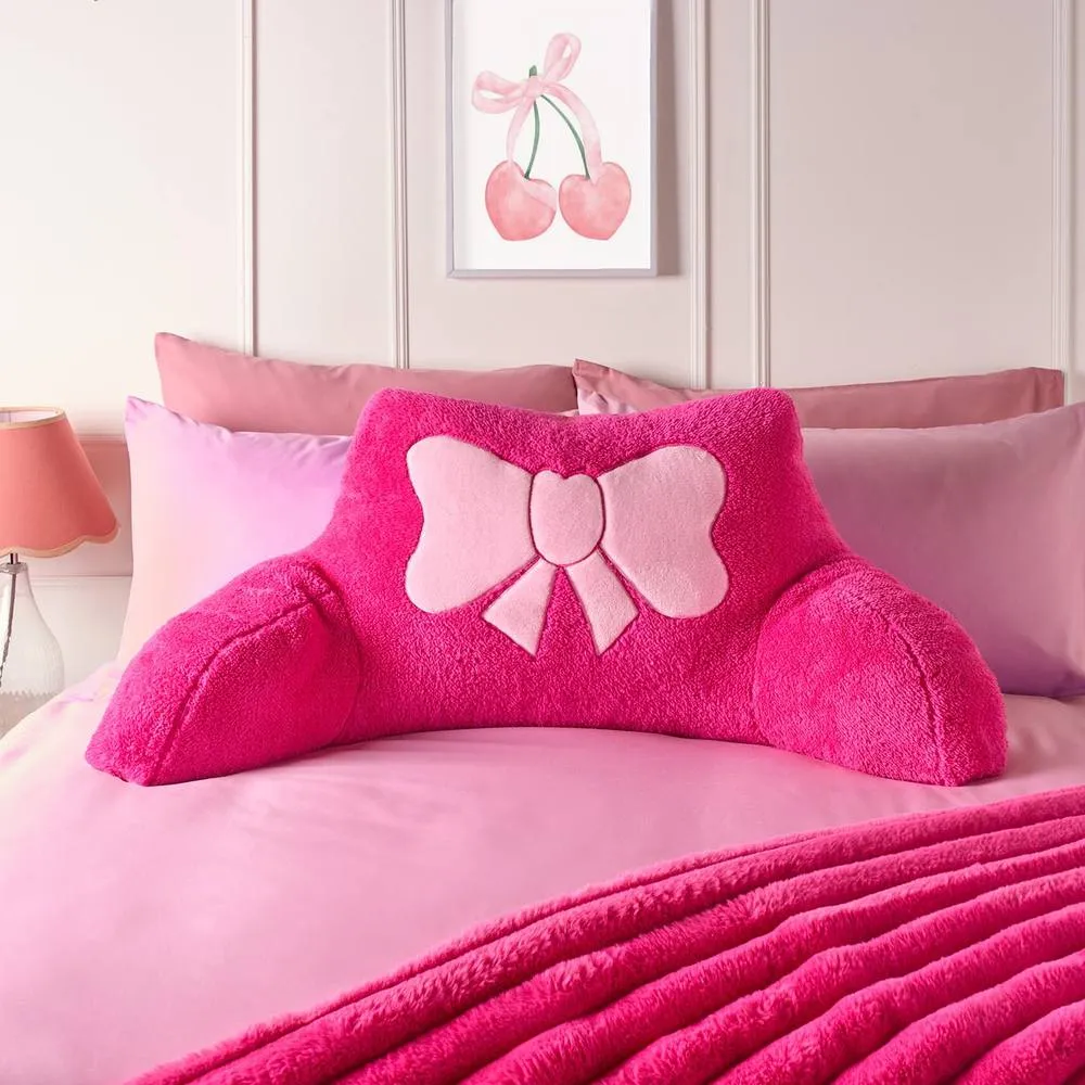 OHS Embroidered Bow Cuddle Cushion Teddy Fleece Reading Pillow in Pink