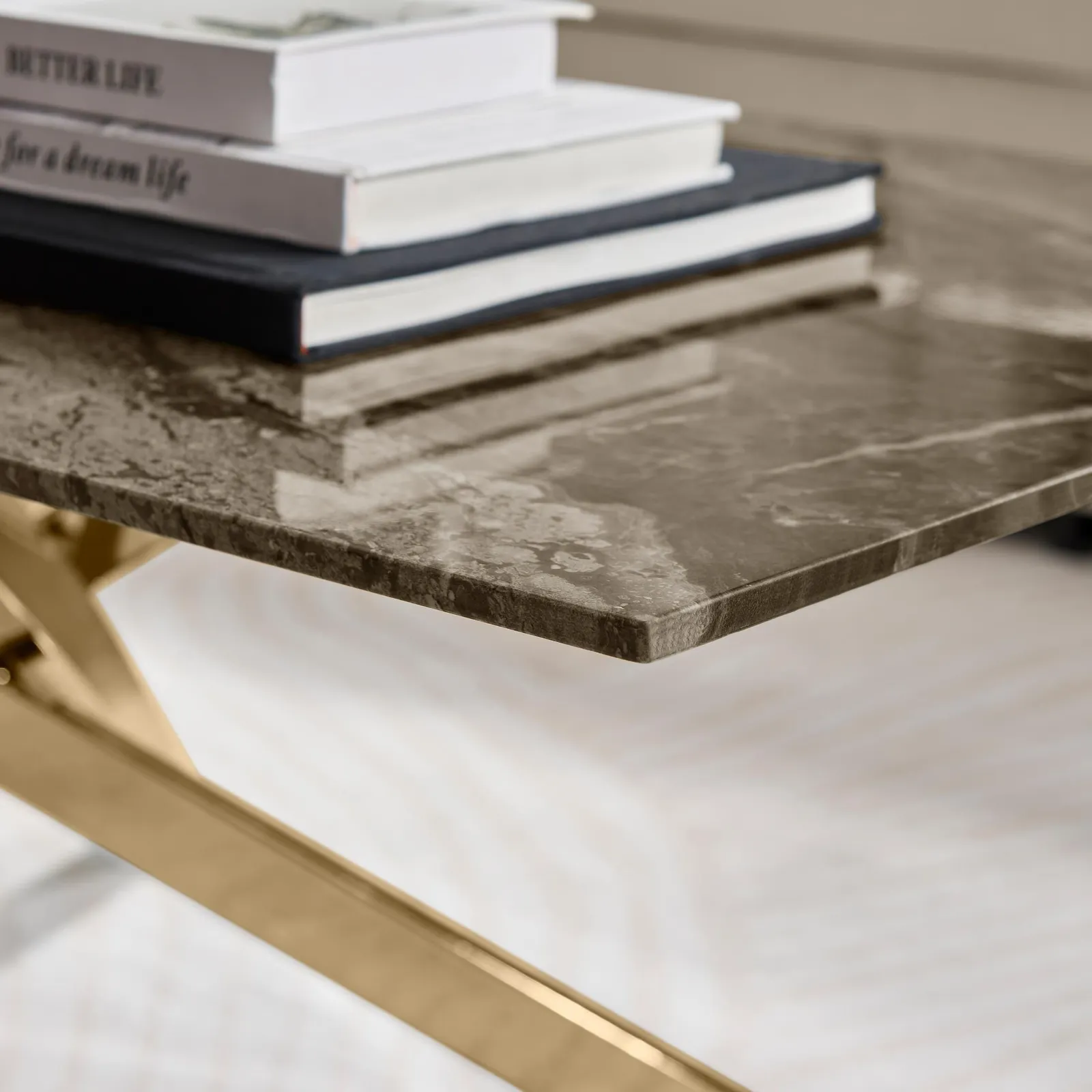 FurnitureboxUK Leonardo Rectangular Marble Effect Glass Top Coffee Table With Gold Metal Starburst Legs in Grey 4